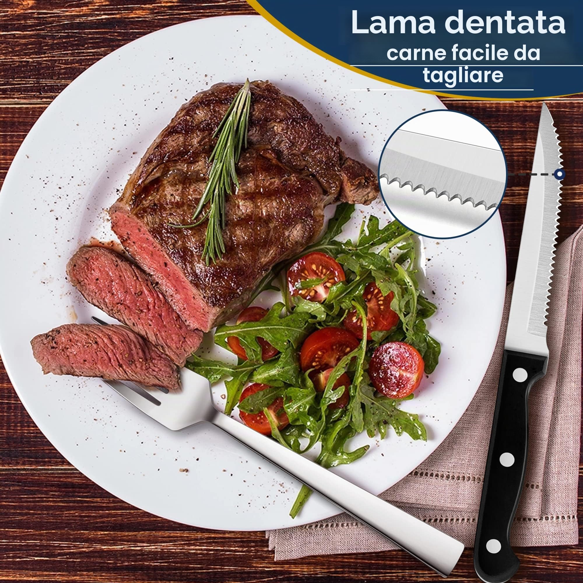 Herogo - Set di posate in acciaio INOX con coltello da bistecca e coltello da bistecca in argento, set per 6 persone, elegante coltello, forchetta e cucchiaio, per il ristorante