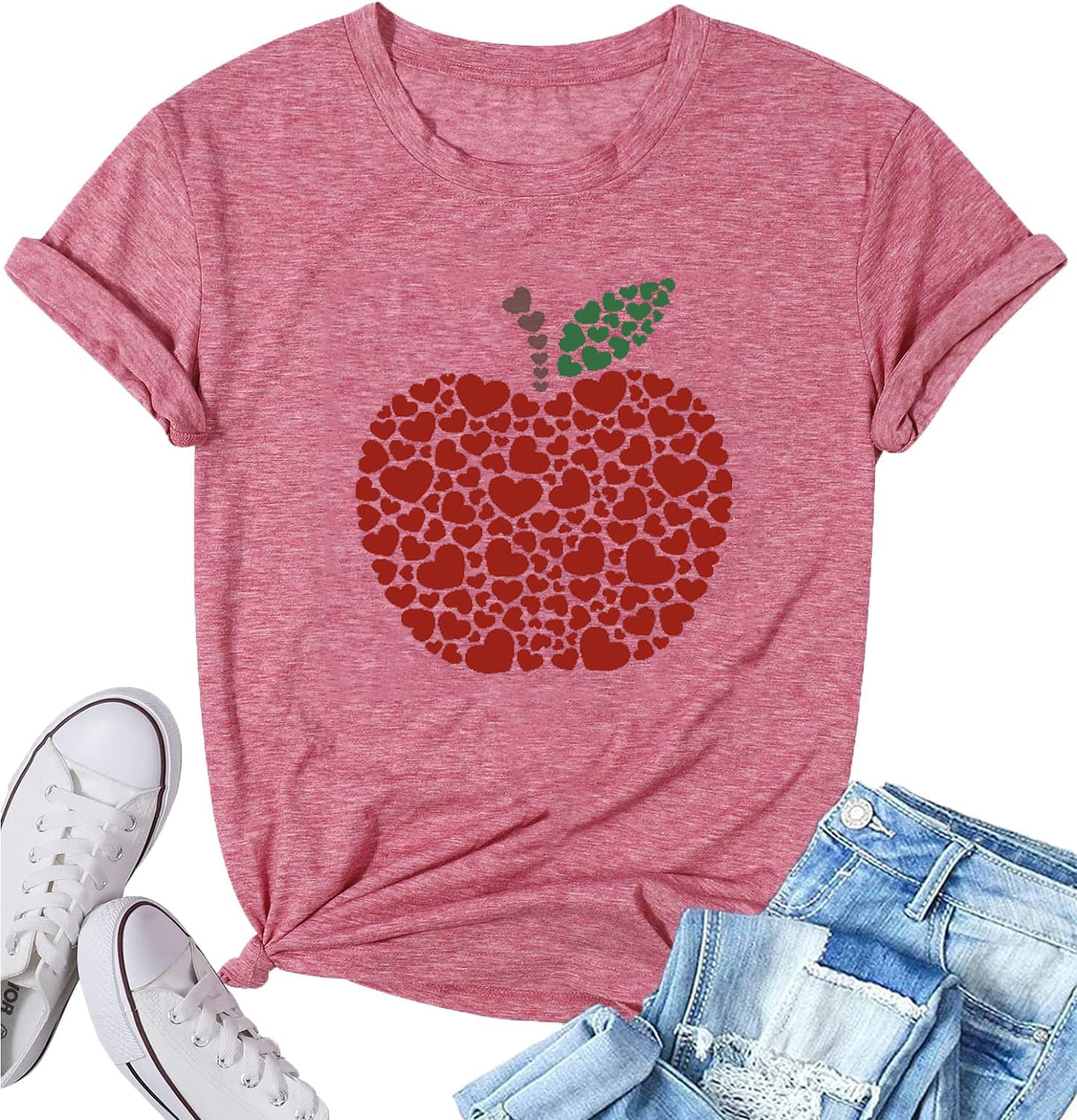 Women Apple Love Print Shirt Heart Graphic Tees Funny Summer Short Sleeve Gift Tops