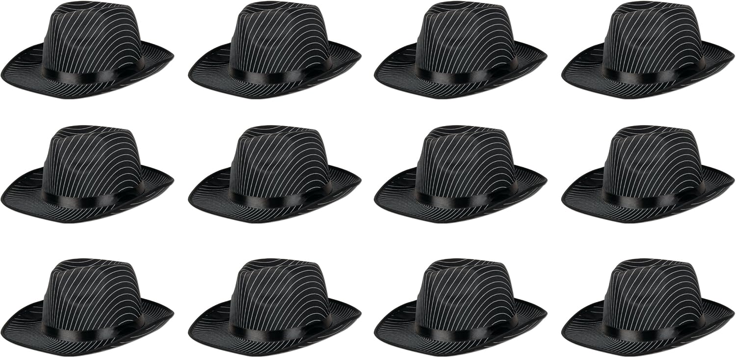Beistle Gangster Hats, 12 Pack – Striped Fedora Halloween Costume Accessories, Black Top Hats for Gangster Party Decorations, Roaring 20’s Party Supplies and Retro Attire, Adult Size