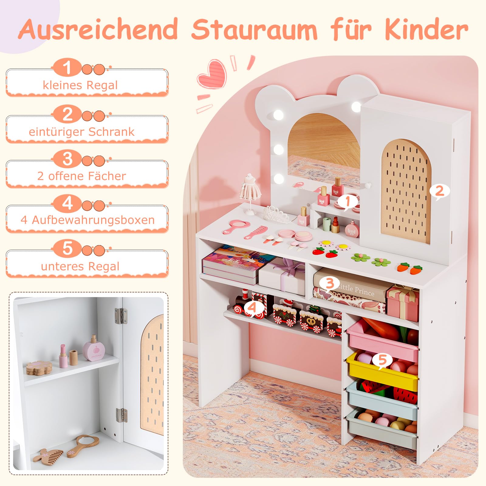 COSTWAY Schminktisch Kinder in Bärform, Kinderschminktisch mit Beleuchtung, Spiegel, Schrank, 5 Schubladen & Fächern, Frisiertisch Prinzessin aus Holz, Kosmetiktisch Set für Mädchen ab 3 Jahren (Weiß)