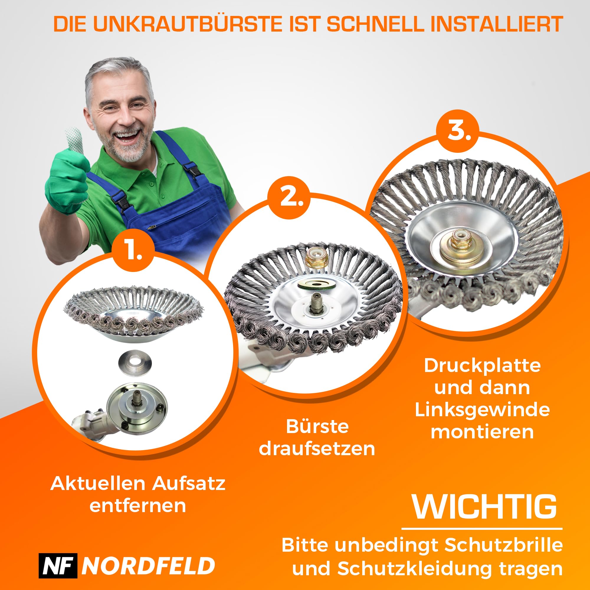 NORDFELD Profi Unkrautbürste für Freischneider mit 25,4mm Bohrung - Hochwertige Wildkrautbürste für Motorsense - Effektive Moosentfernung mit Installationswerkzeug