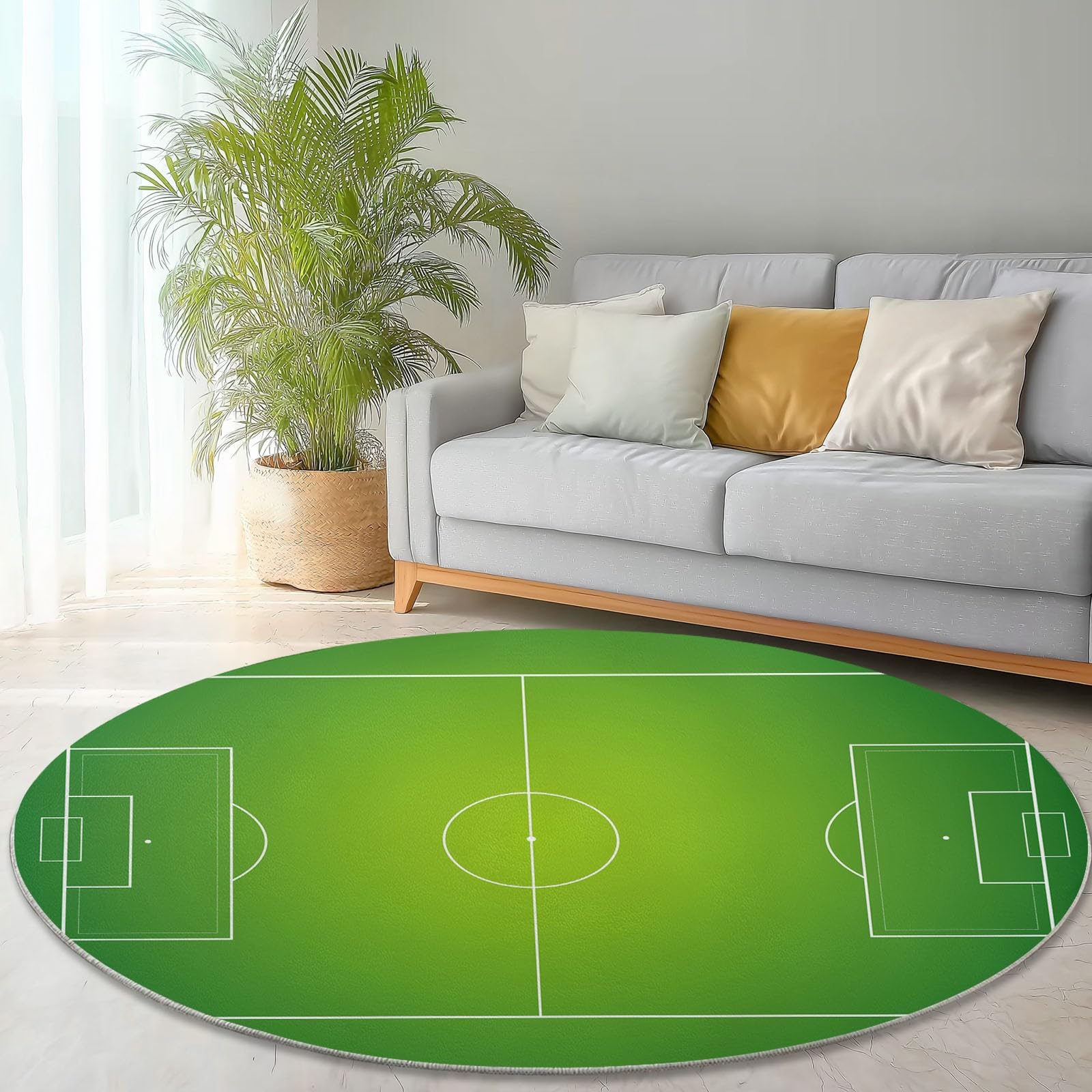 Generisch Teppich Rund Einfach Linien Fußballfeld Drucken rutschfest Waschbar Runder Teppich 150 cm für Wohnzimmer Kinderzimmer Büro Korridor, Weich Flaumig Flanell Teppiche Grün