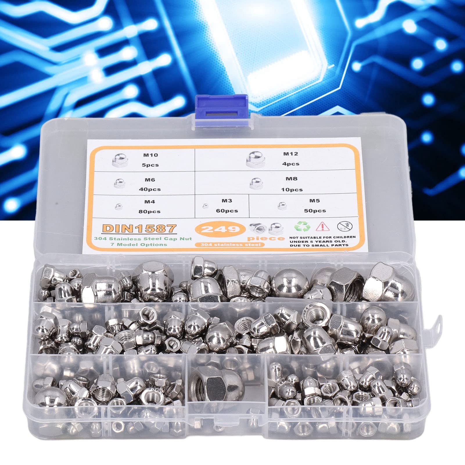 Acorn Cap Nuts, Acorn Nuts, 249Pcs Hex Acorn Nut Assortment Kit M3 M4 M5 M6 M8 M10 M12 DIN1587 304 Stainless Steel, Hardware Nut And Bolt Sets