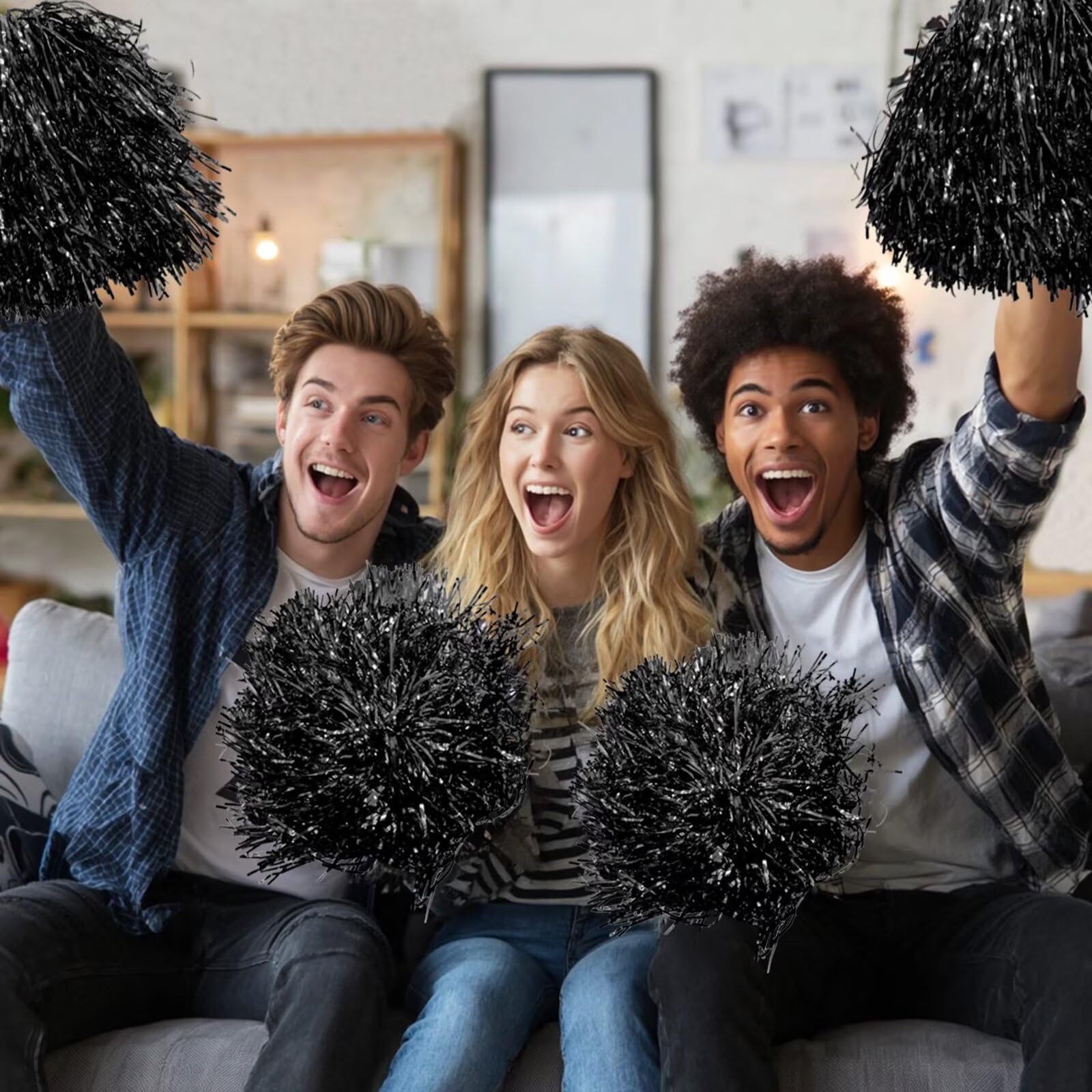 2 pompones negros de animadora de papel metálico para escuadrones deportivos, bailes, fiestas, fútbol, baloncesto, celebración de actuaciones espirituales — view 4