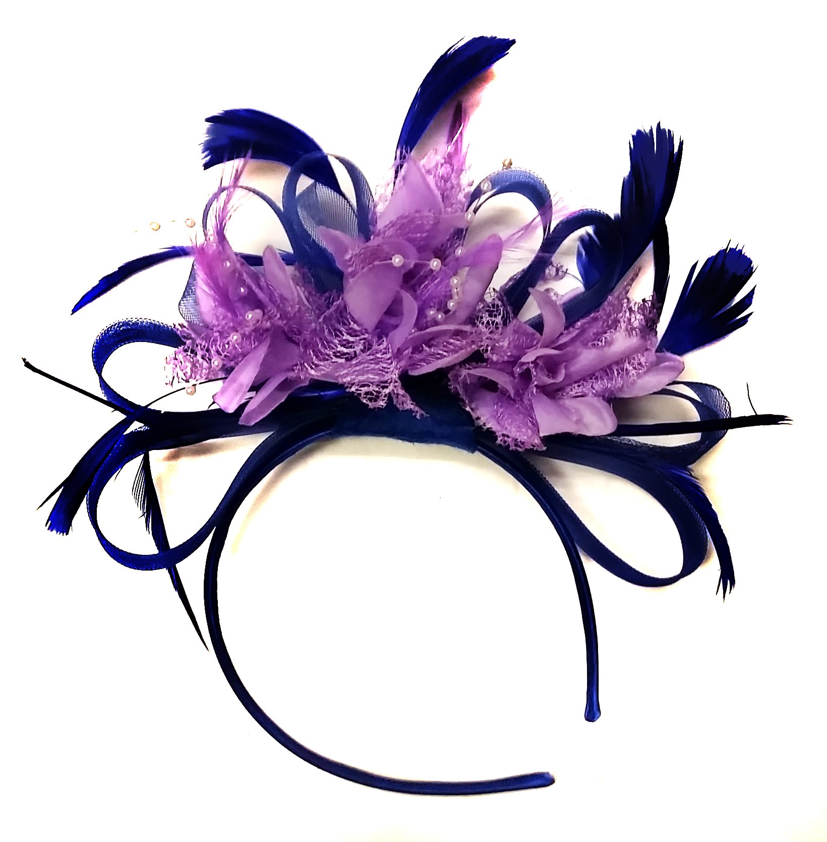 Cerchietto Affascinatore Con Fiori Per Matrimoni E Ascot - Blu Navy E Fucsia - 12 Cm Di Diametro
