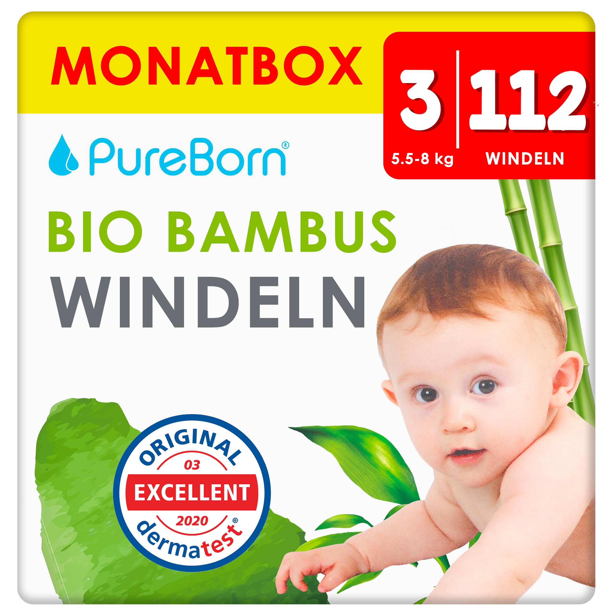 PureBorn 112 Windeln Größe 3 (5-8 kg), Ultra-Saugfähig, Hypoallergen, Weich & Sanft für Babys (4-7 Monate), Dermatologisch Getestet, Auslaufsicher, Umweltfreundlich aus Bambus