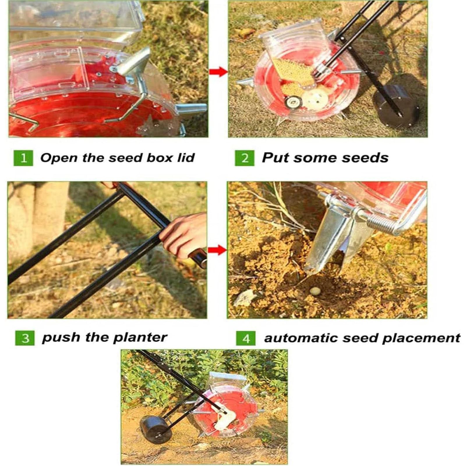 Sembradora de rodillo de empuje manual, sembradora de césped y fertilizante, maceta 2 en 1, profundidad ajustable de 1.4 a 3 pulgadas para césped y jardín, diseño de precisión de 12 agujeros