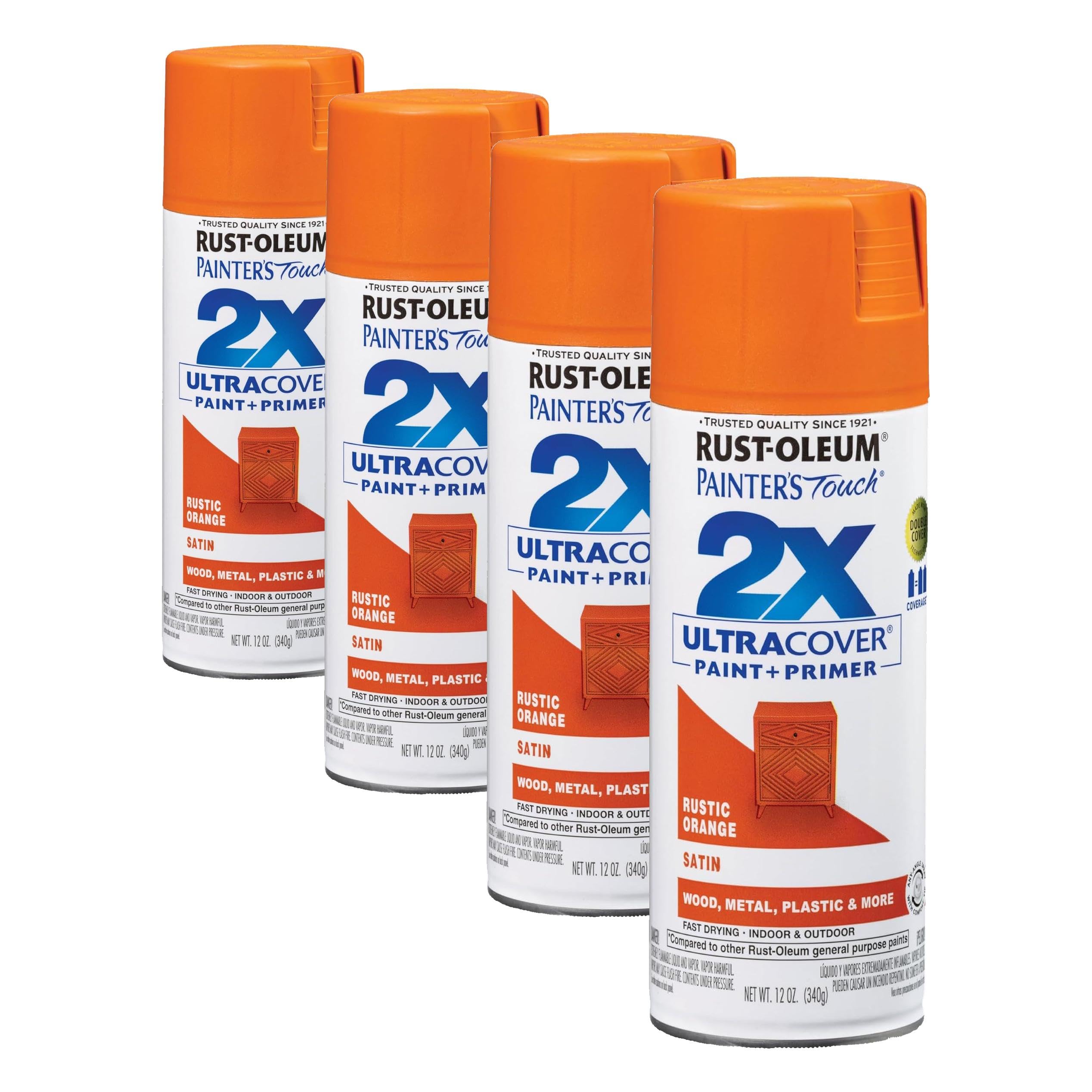 Rust-Oleum 334089 Painter's Touch 2X Ultra Cover Spray Paint, 12 oz, Satin Rustic Orange (Pack of 4)