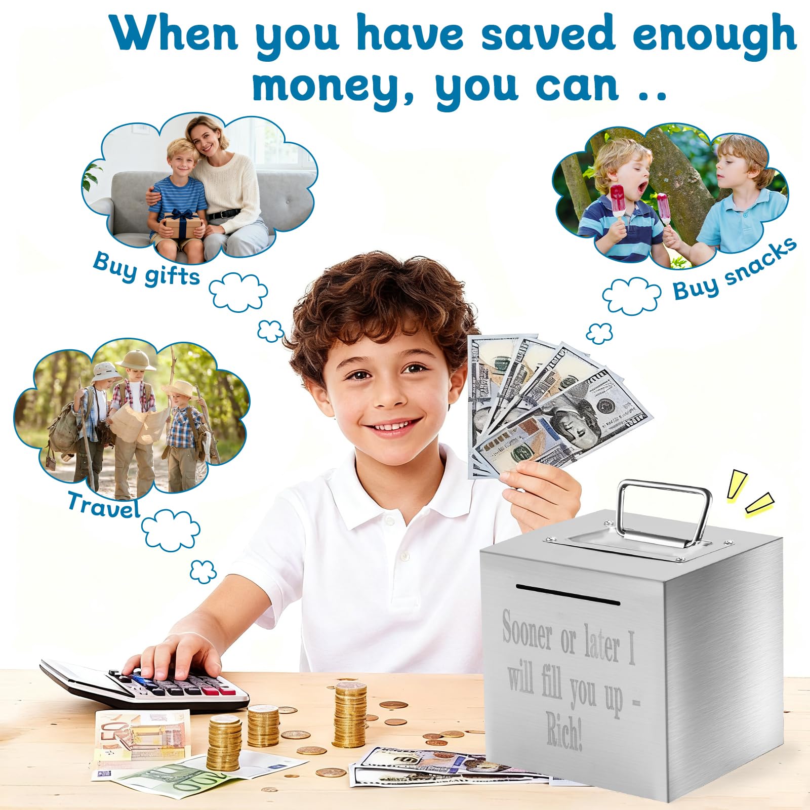 Mumjooyi Salvadanaio In Acciaio Inox Adulti -Sooner or later, I'll fill you up—with Riches! Sicuro Salvadanaio per Adulti, Grande con Manico Banconote e Monete Vault