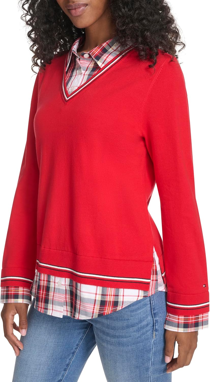 Tommy Hilfiger Womens Long Sleeve Button Up Collared Twofer Sweater - Image 3