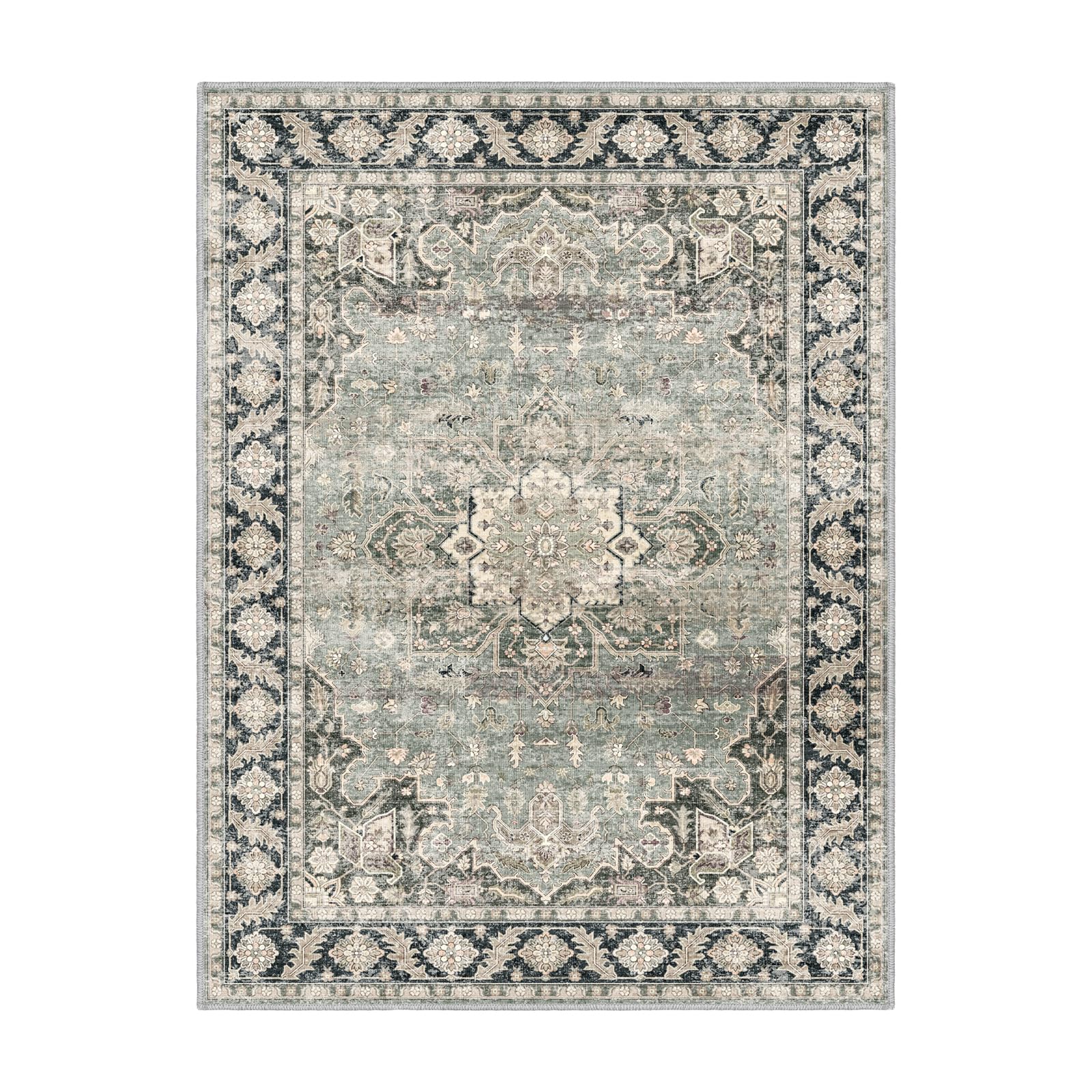 7X9 Area Rugs - 7X9 Washable Area Rug Indoor Vintage Rug Print Rug Low-Pile Floor Carpet for Living Room, Bedroom (Olive Charcoal/Yellow/Tan)