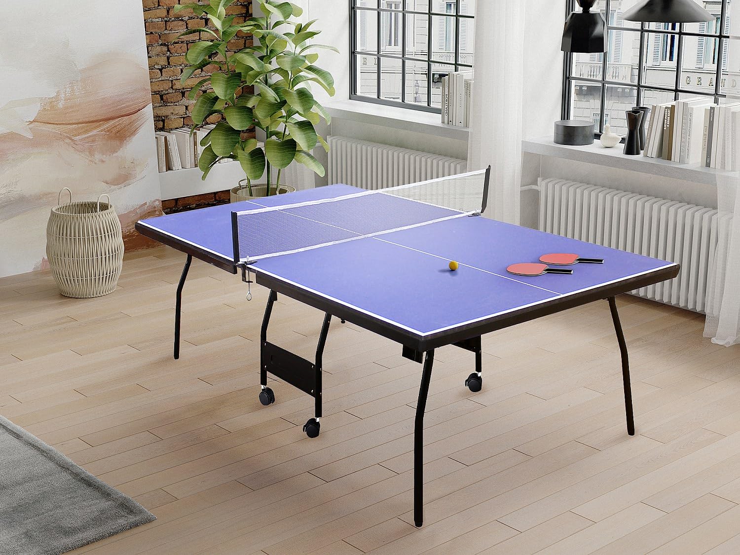 Vente-unique Garry Pliant Table de Ping-Pong Bleu L274 x P152.5 x H76 cm avec Roulettes