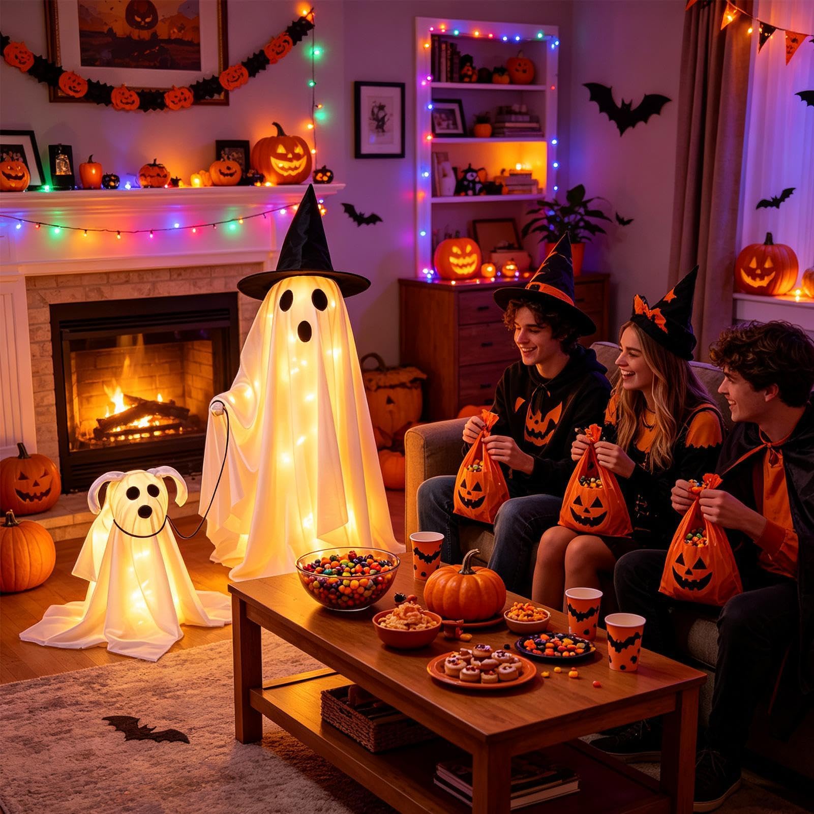 Halloween duch świecący duch spacerujący pies nawiedzony dom figurki