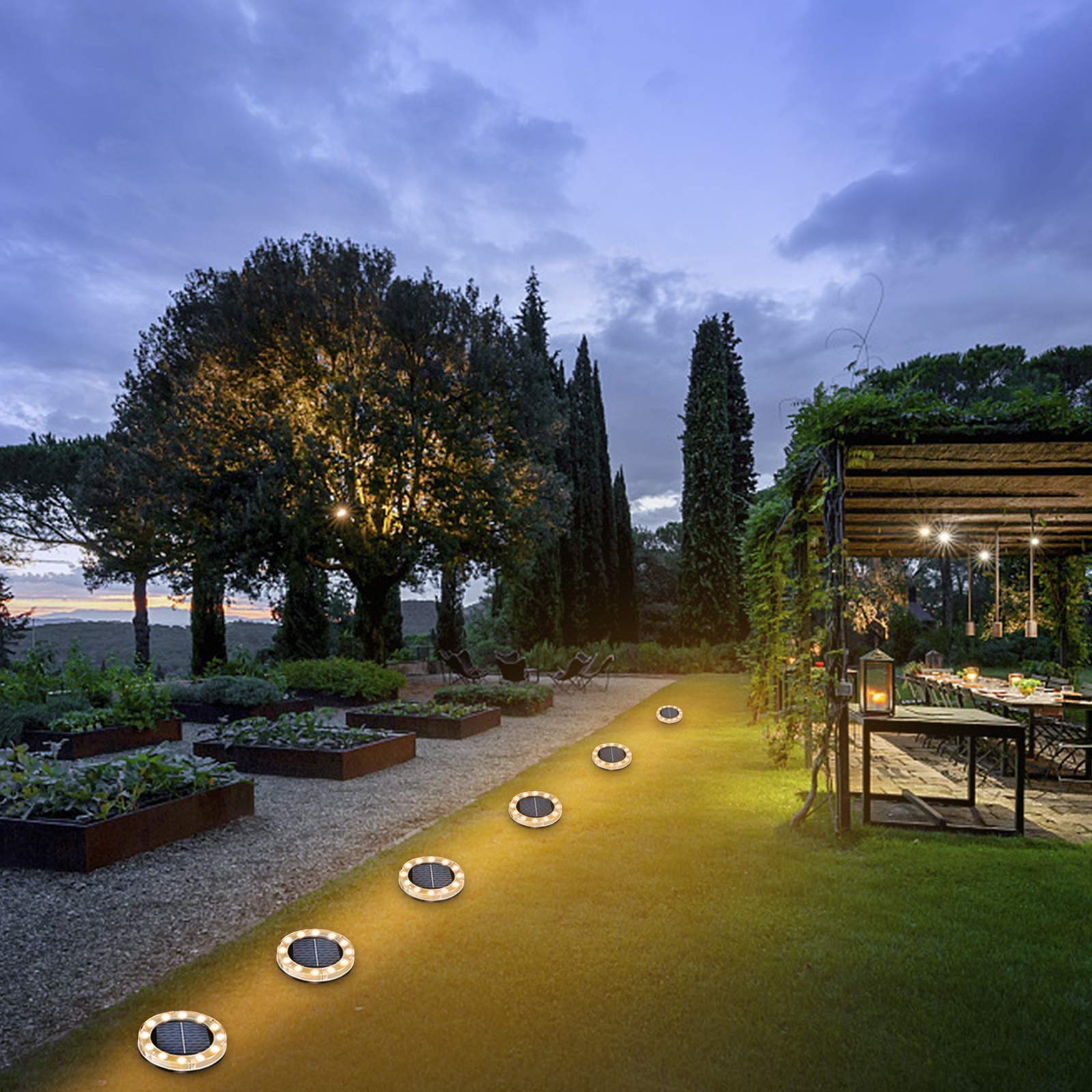 Lampada solare da pavimento, luce bianca calda, 12 LED, luci solari per esterni, 4 pezzi, luci a LED solari da giardino, IP65, impermeabile, per vialetti, prati, marciapiedi, patio