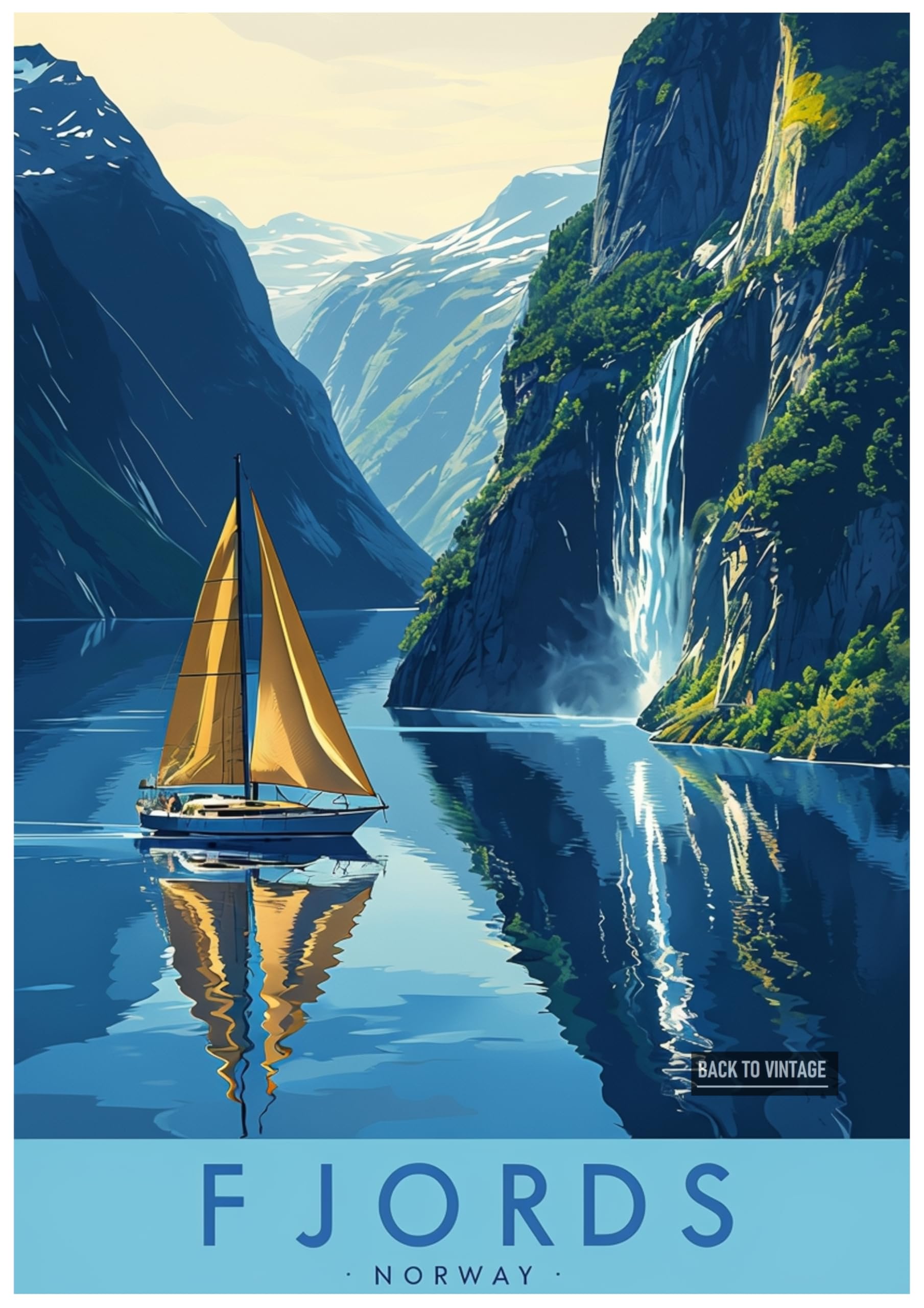 Vivid Travel Poster Illustration Of Norway's Majestic Fjords - Retro Europe Travel Poster A4 Size Vintage Wall Art Print of Famous European Destinations Ideal for Home or Office Decor