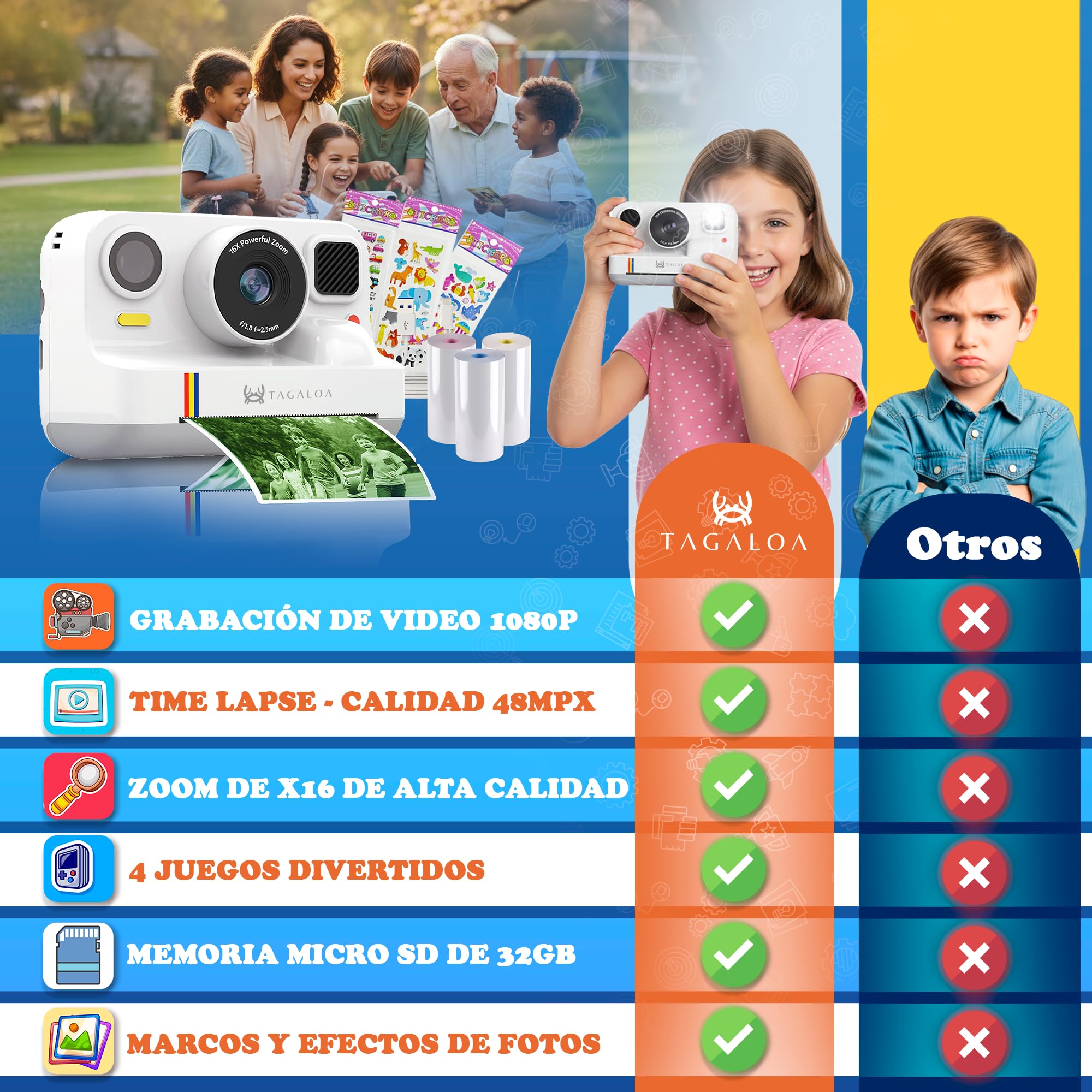 | TAGALOA® | Camara Fotos Infantil Instantaneas | 48MP con Impresión Térmica, Pantalla 2,4", Vídeo 1080P, Tarjeta SD 32GB y 3 Rollos Papel – Cámara Digital para Niños y Niñas de 3 a 12 Años (Blanco)