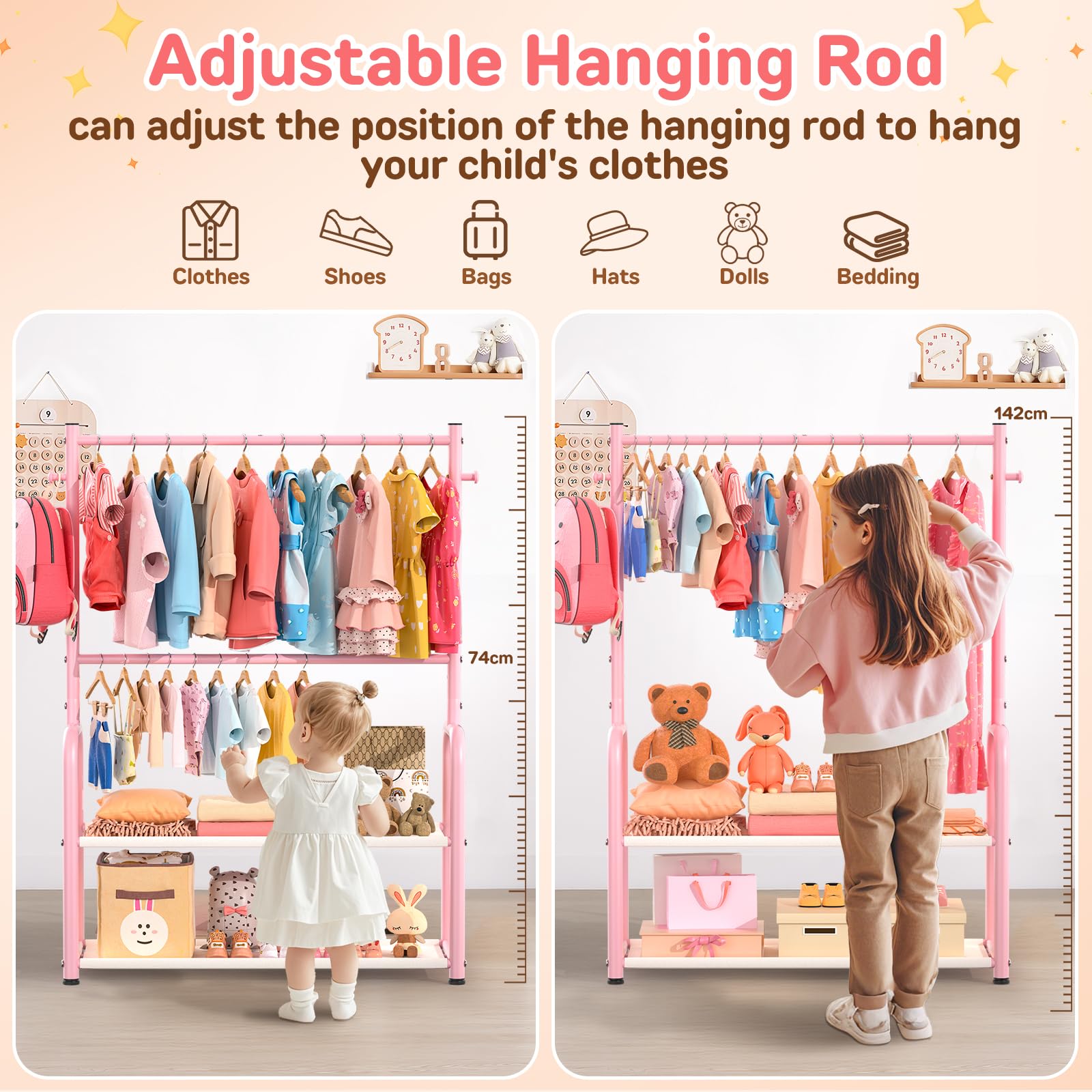 Bambini Abbigliamento Rack 2 Tier Baby Closet Rosa Toddler Dress up Rack | 2 aste appendiabiti, regolabili, per bambini da 0 a 9 anni, per bambini piccoli, per asilo e camera da letto