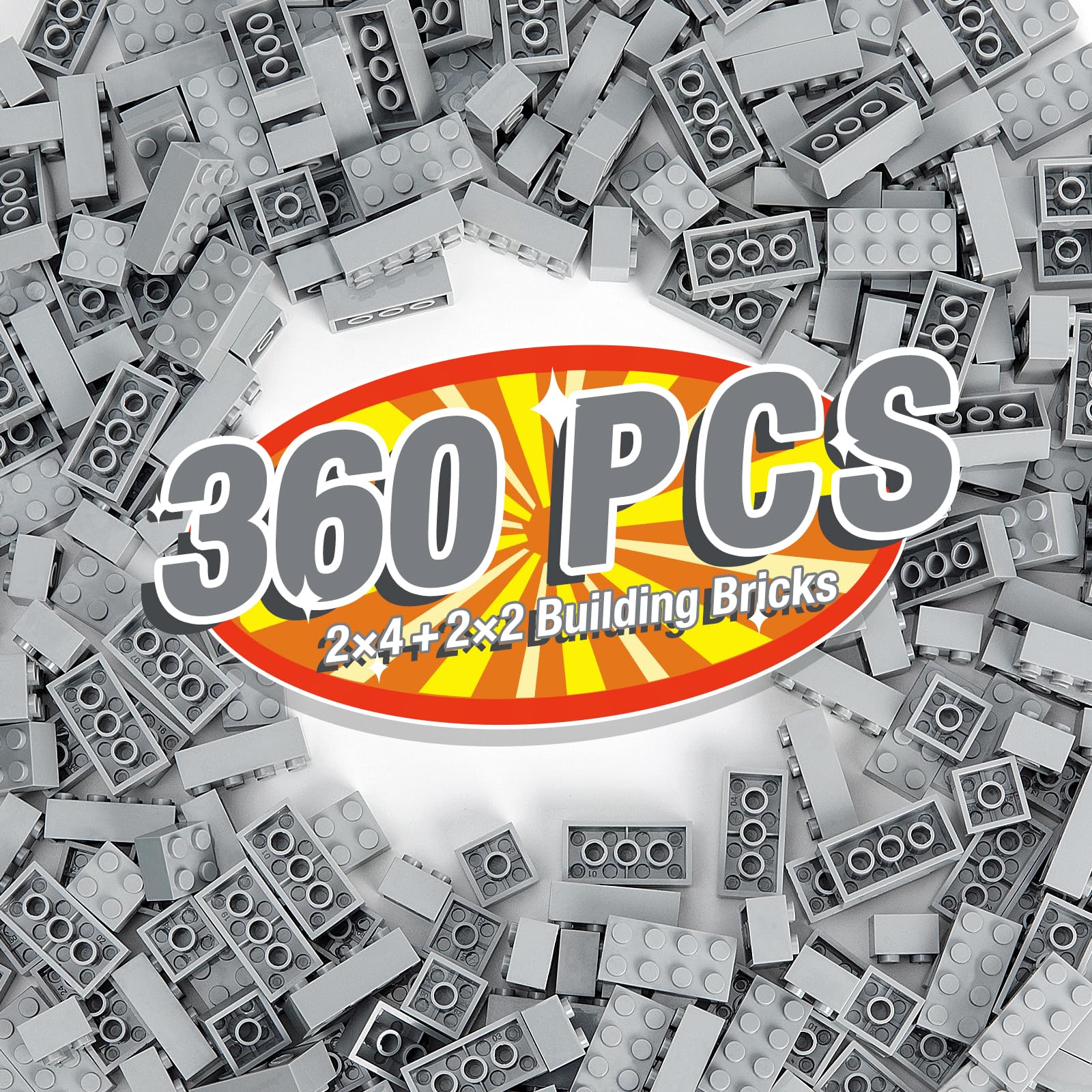 MANNIDOO 360 Pieces Building Bricks, Classic Basic Flats Parts and Pieces - 2x4 Brick x200 and 2x2 Brick x160, Moc Building Bulks Compatible with All Major Brands, Light Grey