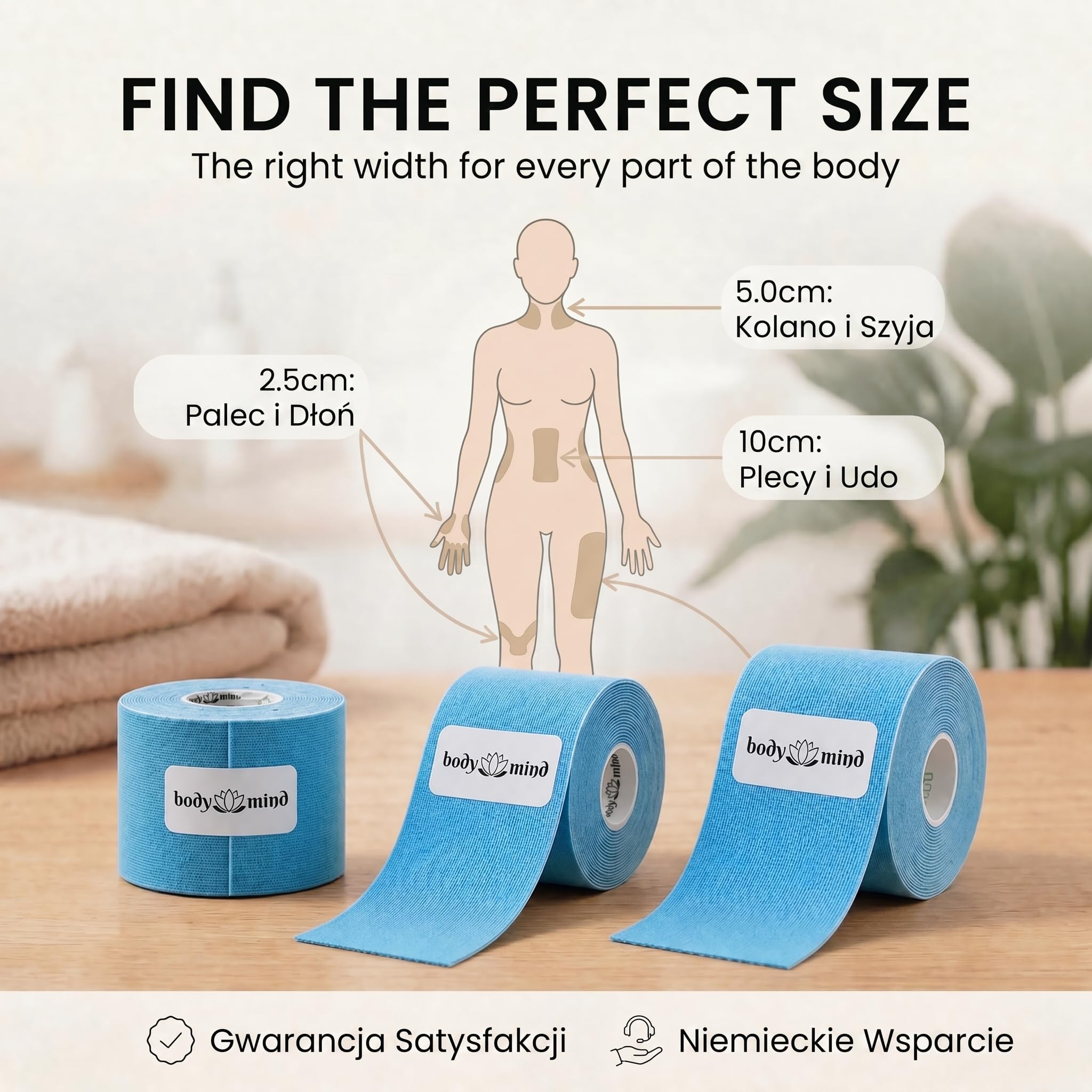 Body & Mind® Taśma Kinezjologiczna 5 m – 2,5/5/10 cm, Hipoalergiczna | Wodoodporna taśma kinesio do kolana, barku i pleców – 6 kolorów, rozciągliwość do 140%