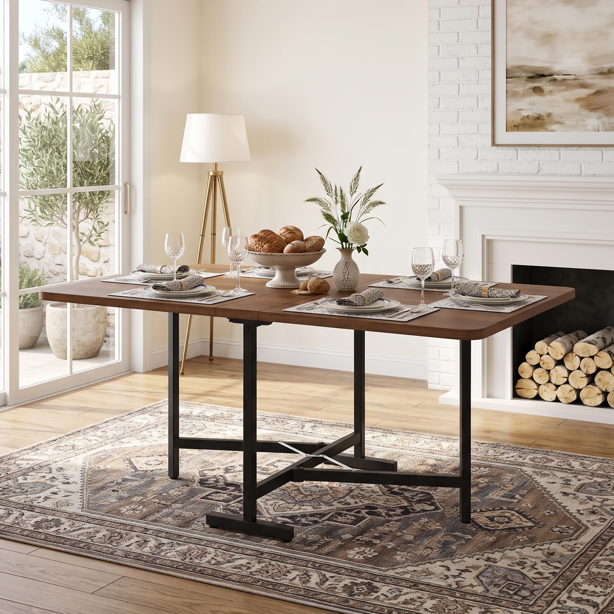 Mesa de comedor extensible 120 cm x 80 cm, plegable, estilo minimalista moderno, soporte de aleación de alta resistencia, color nogal