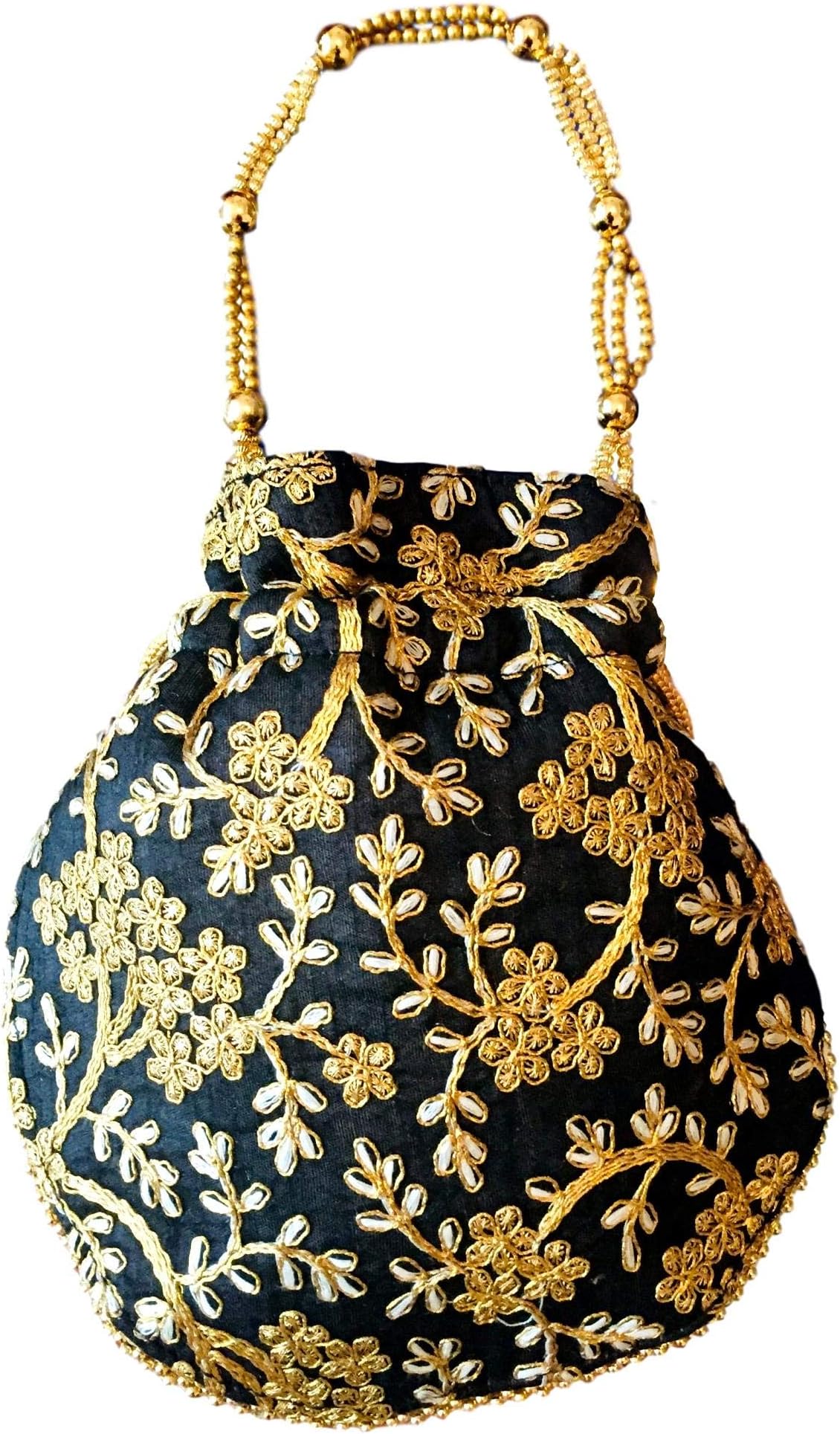 POT_BLA Black Satin Fabric Potli Bag Drawstring Indian Wedding Clutch Bag Eid Handbag Eid