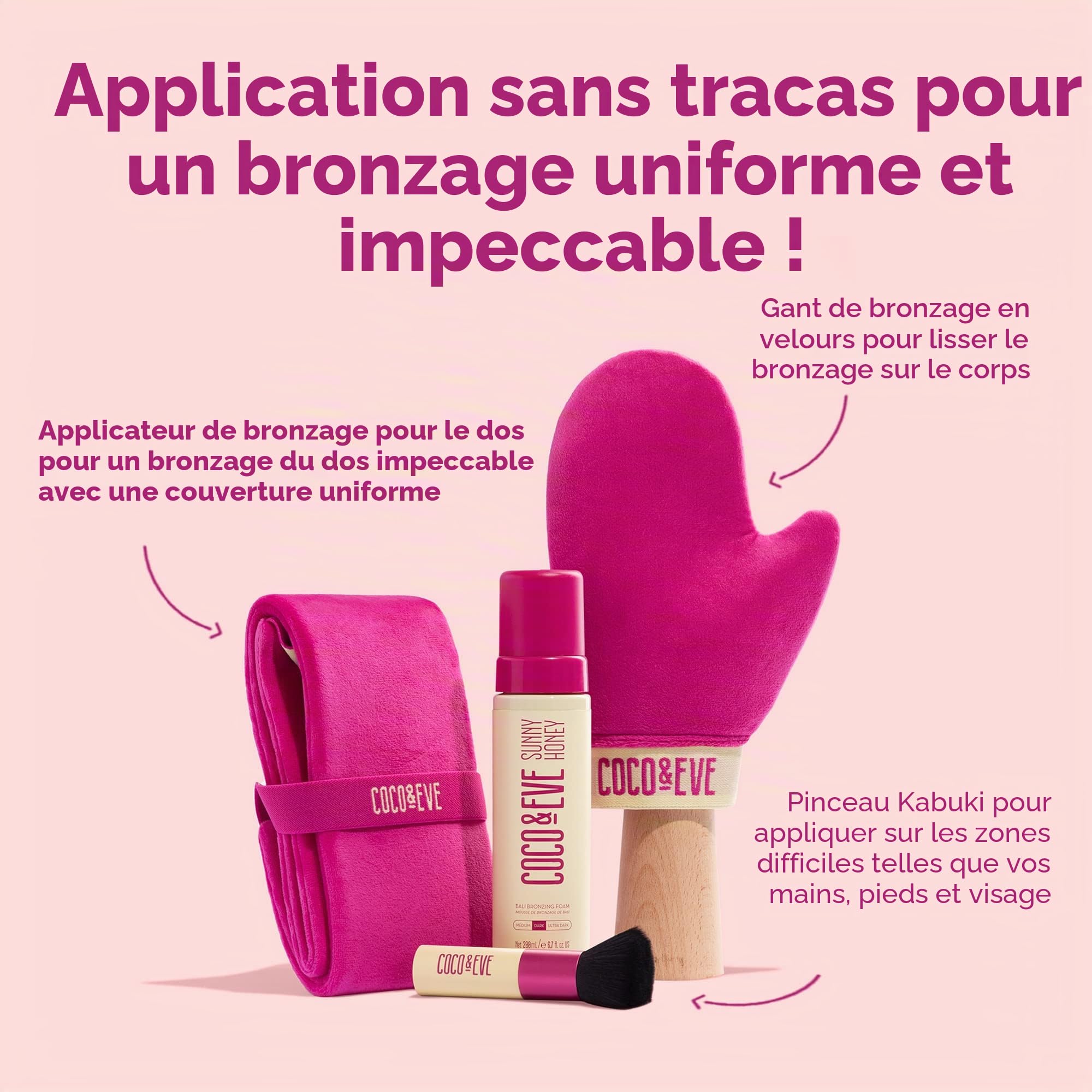 Coco & Eve Bali Bae Self Tan Set (Ultra Dark). All Natural Sunless Tanning Mousse. Lotion autobronzante instantanée avec Bronzer, Mon applicateur, brosse Kabuki et applicateur arrière pour application