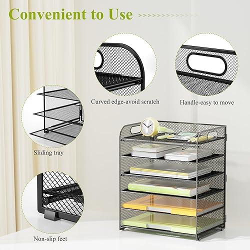 Miniatura 4 de Organizador de bandeja de papel de 6 niveles con asas, organizador de archivos de escritorio de malla, soporte clasificador de papel, bandeja de