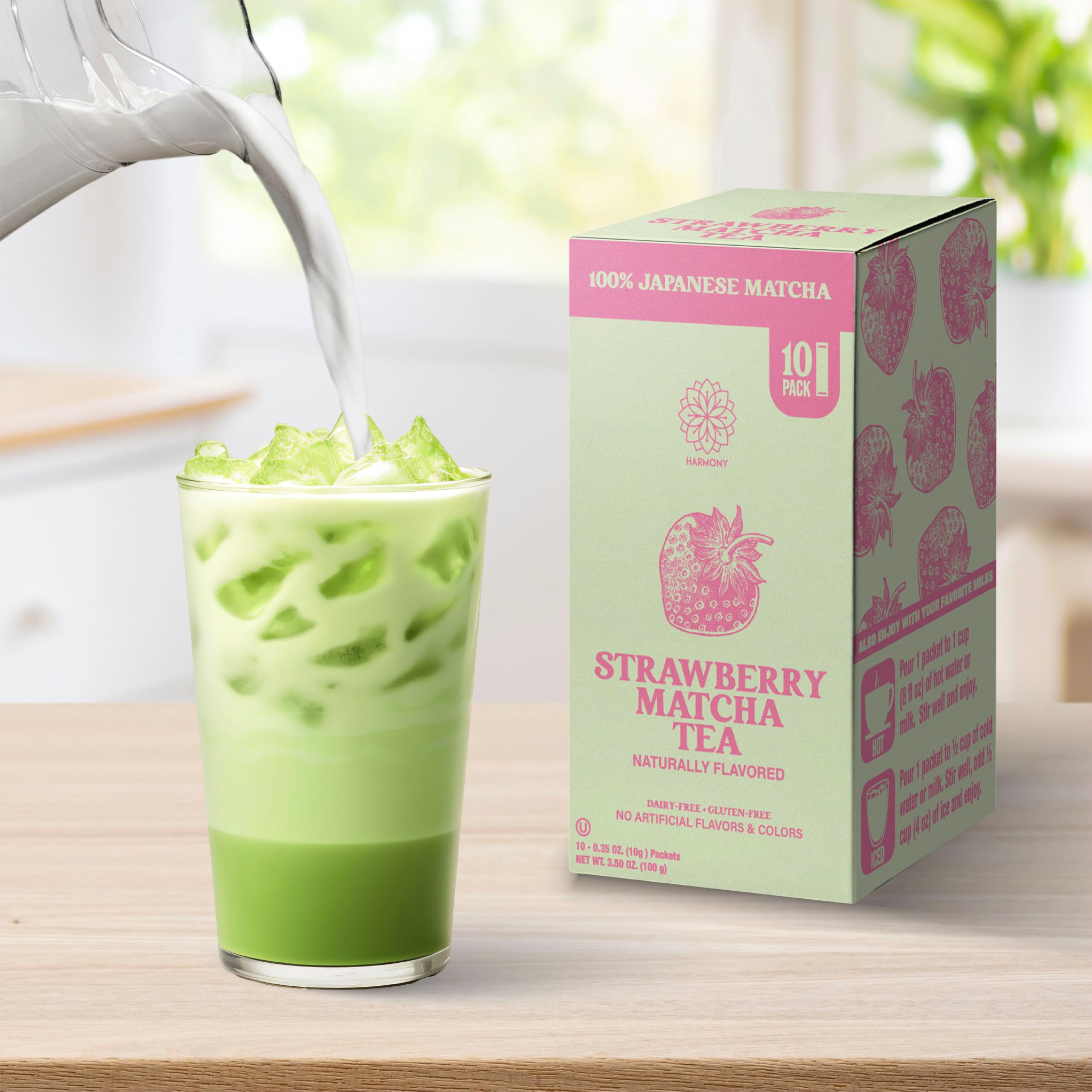 The Harmony Matcha Strawberry 10 Sticks Premium Japanese Matcha Powder Rich in Antioxidants L-Theanine Sweetened with Organic Sugar — view 3