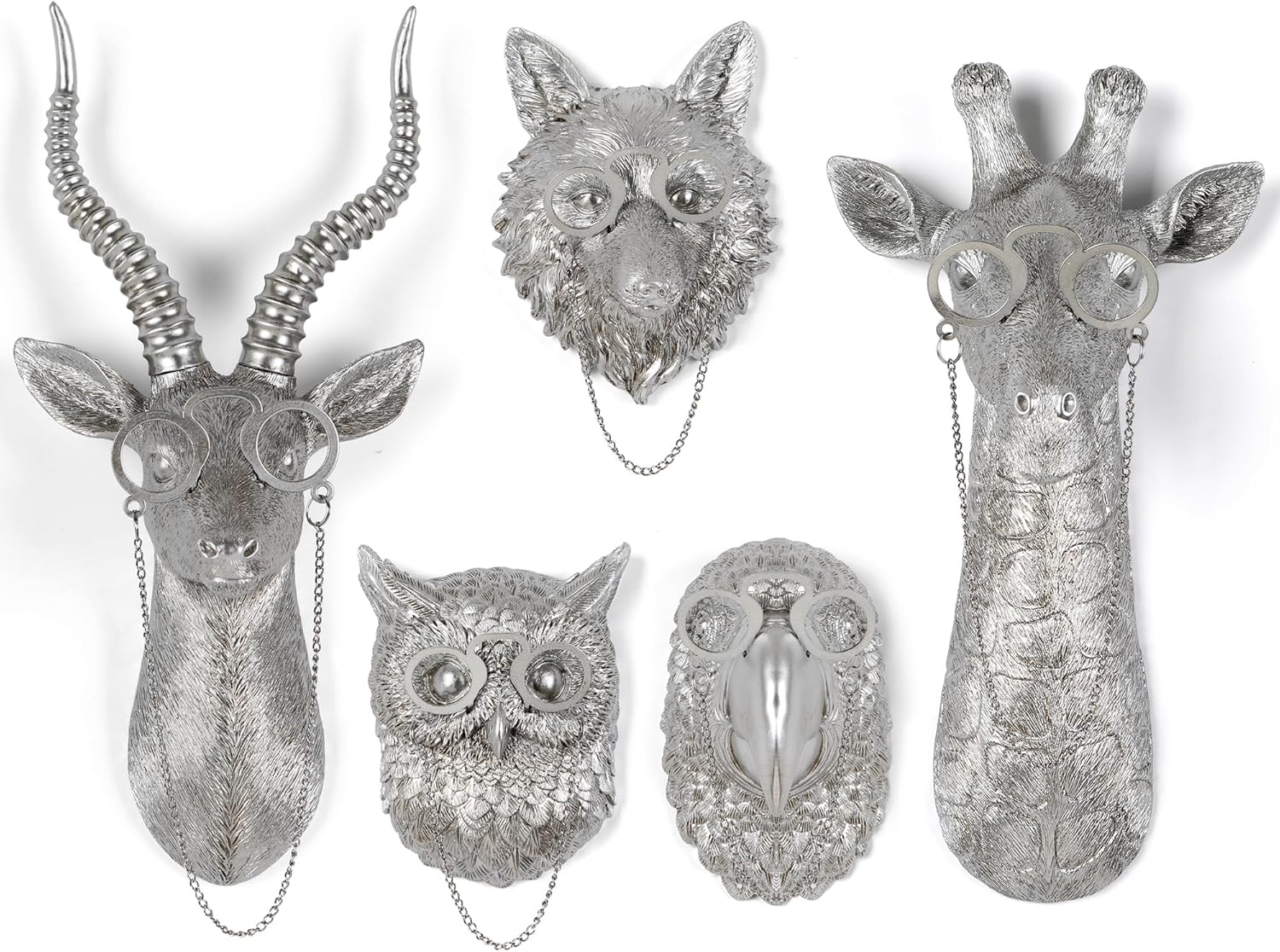 UITWMKTG 5 Pack Silver Animal Head Wall Decor Modern Home Decor Resin Animal Sculptures Wall Mount Vintage Head Wall Art for Living Room Hanging Decoration
