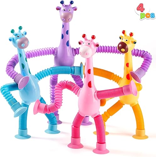 JOYIN 4 piezas de tubos de succión con ventosa, juguetes de jirafa, regalos sensoriales para niños y niñas, para niños y niñas de 3, 4, 5, 6, 7, 8,