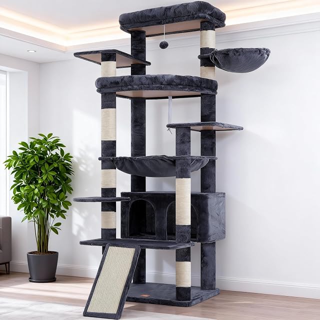 Heybly Grand arbre de chat pour grand chat, 80-inch Tour de chat multi-niveaux pour les chats intérieurs avec grande base, Condo Meubles 2 Perches en peluche élargie, tableau d'éclaboussures et grandes grottes, gris fumé HCT038G