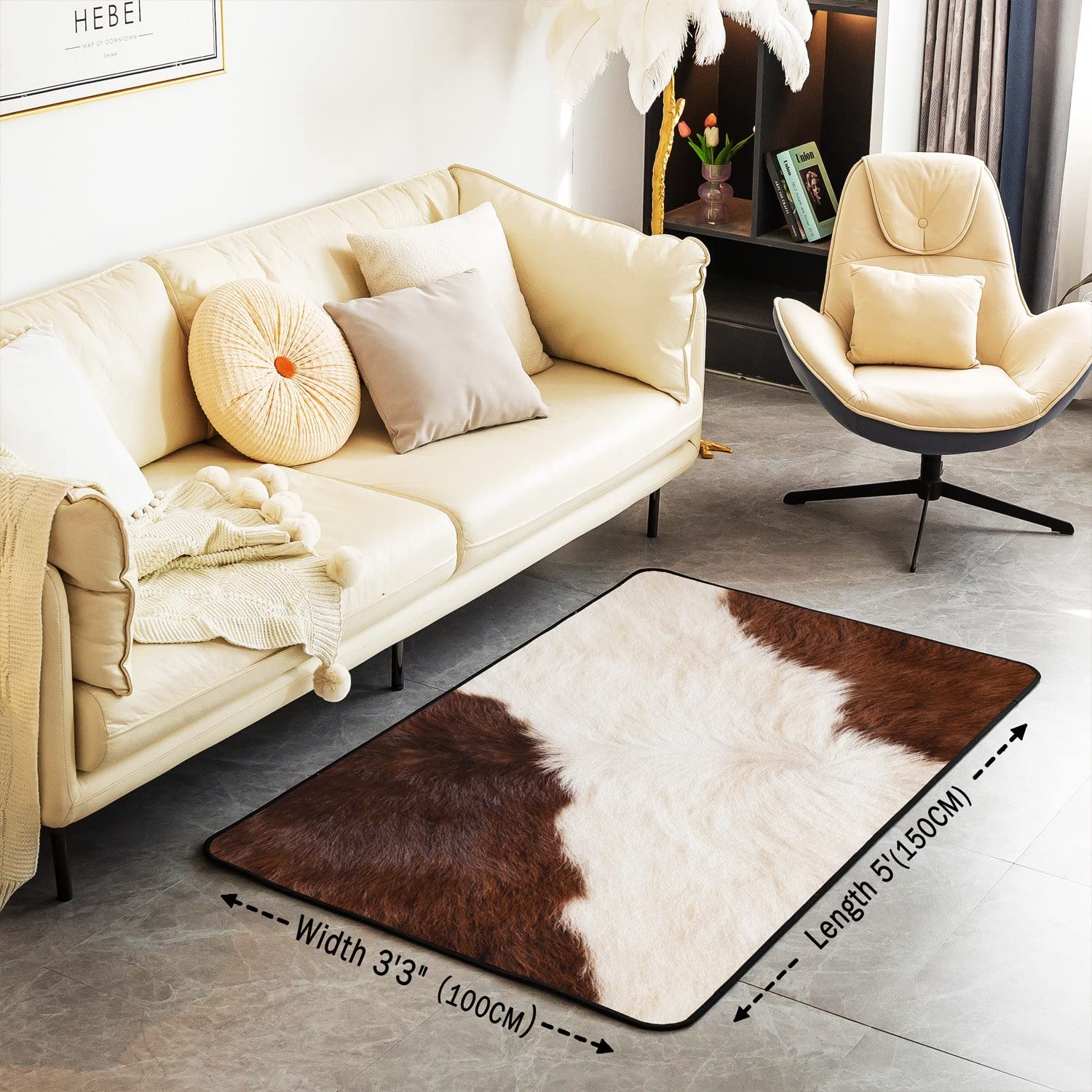 Loussiesd Alfombra de piel de vaca para sala de estar, dormitorio, animal de granja occidental, color marrón y blanco, 150 x 200 cm