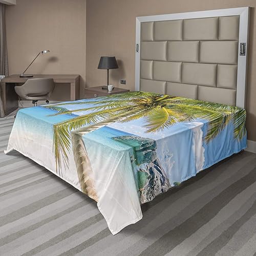 Miniatura 2 de Lunarable Palm Tree Flat Sheet, Wonders of The World Beach Scene with Rocks and Swimming People Image Print, Soft Comfortable Top Sheet Decorative