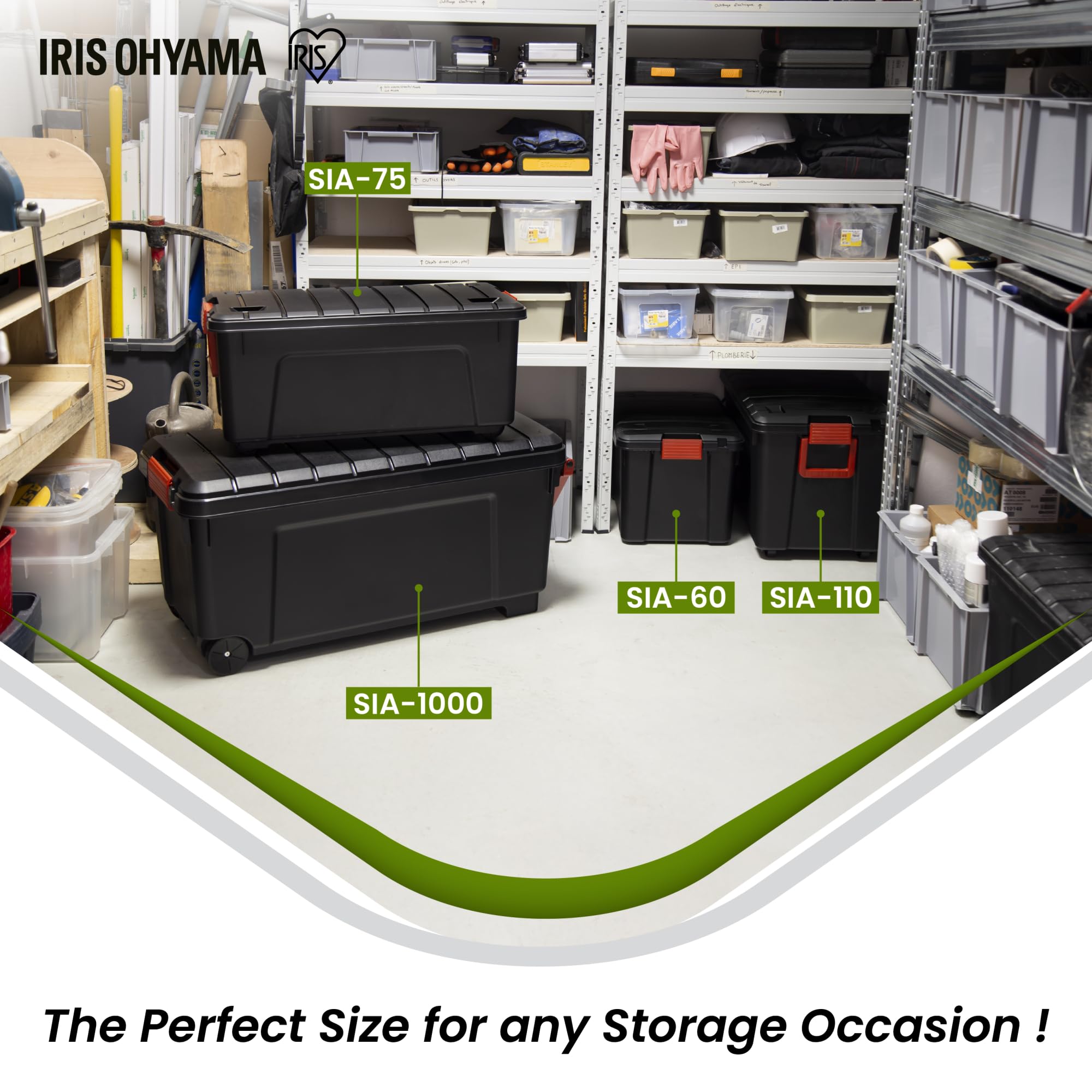 Iris Ohyama, große Kunststoff-Aufbewahrungsbox, 60 l Garagen-Aufbewahrungsbox, 3er-Set, SIA-60, schwarz, stapelbar, Verschlussklammern ? B59 x T39,5 x H35,5 cm