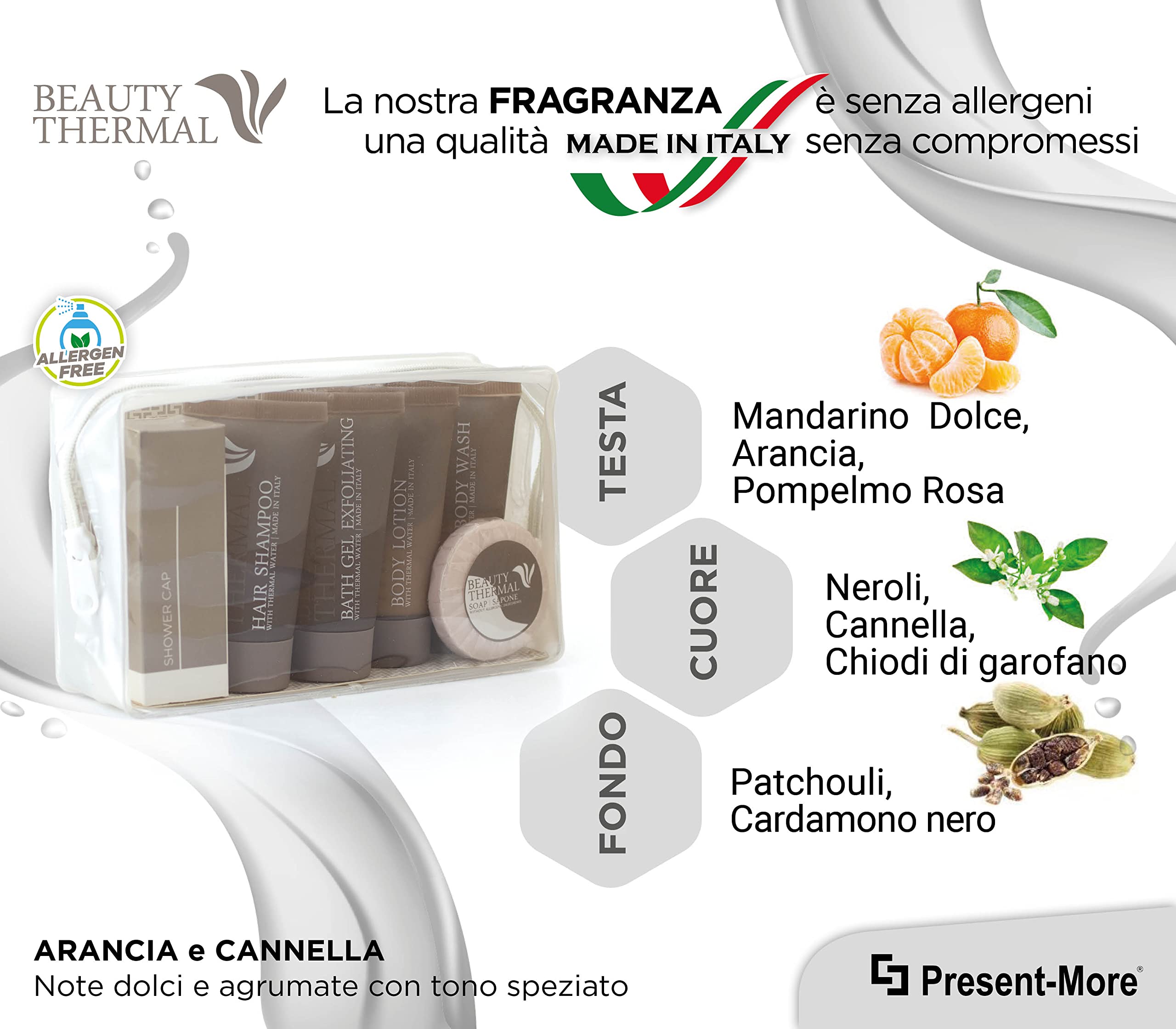 Present-More Amenities Kit Beauty Thermal - Welcome Gift Toilettenartikel 24 Gäste für Hotels und B&B | Allergenfreie Amenities Kit mit Duftnote Orange und Zimt | Duft Orange und Zimt - Shampoo, Duschgel, 2-in-1, Creme, Seife und Zubehör - Made in Italy -