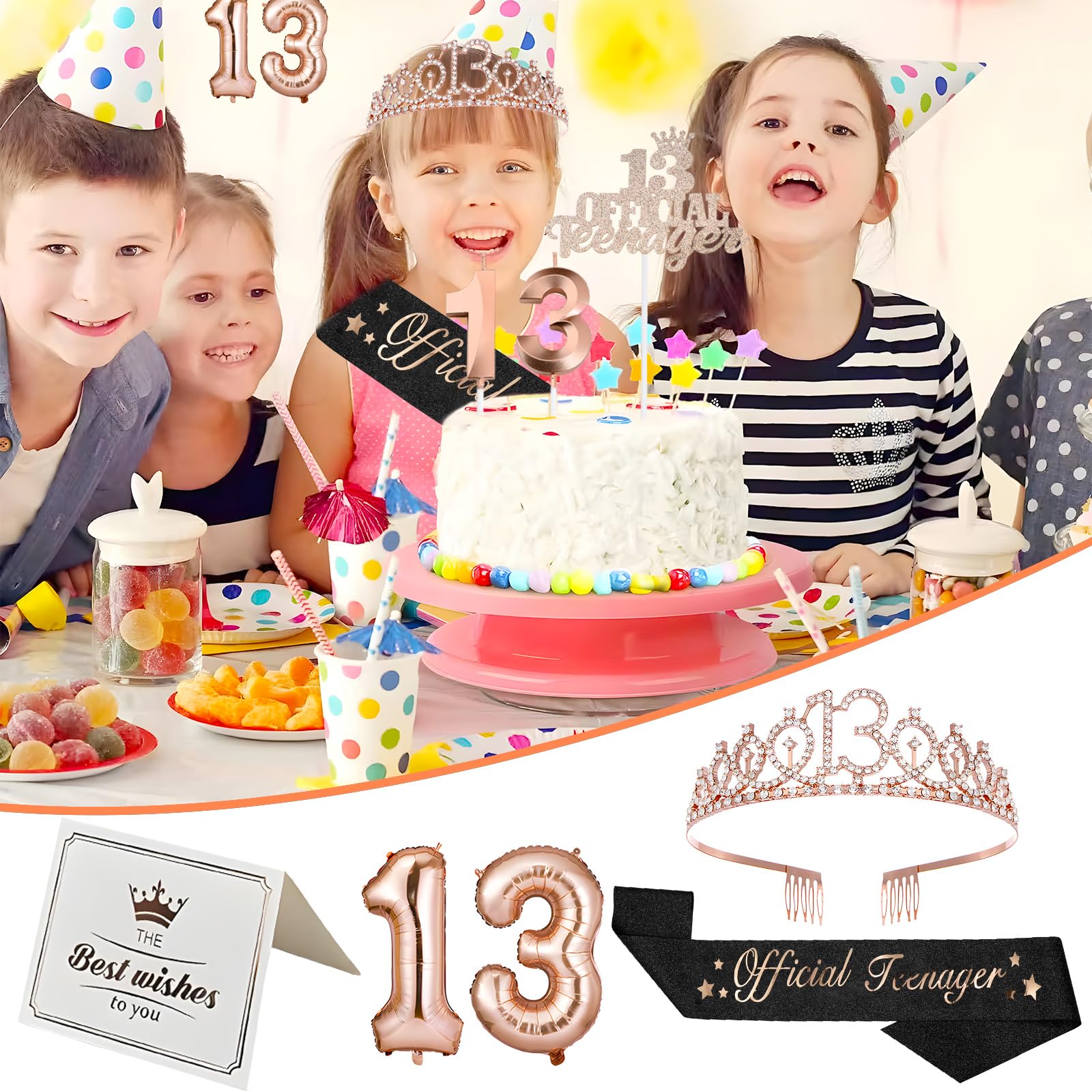 13.Geburtstag Mädchen Deko 13.Geburtstagsschärpe Krone Kerzen Luftballons für 13 Geburtstag Mädchen Party Deko Supplies Teenager Geschenke