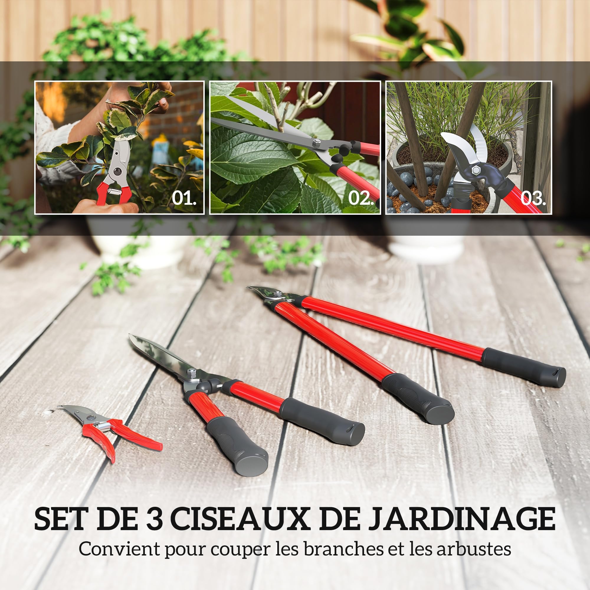 Outsunny Lot de 3 cisailles de jardin, ensemble de coupe pour jardinage, coupe-branches de 65 cm, taille-haie de 51,5 cm, sécateur de 20 cm, avec poignée souple, rouge