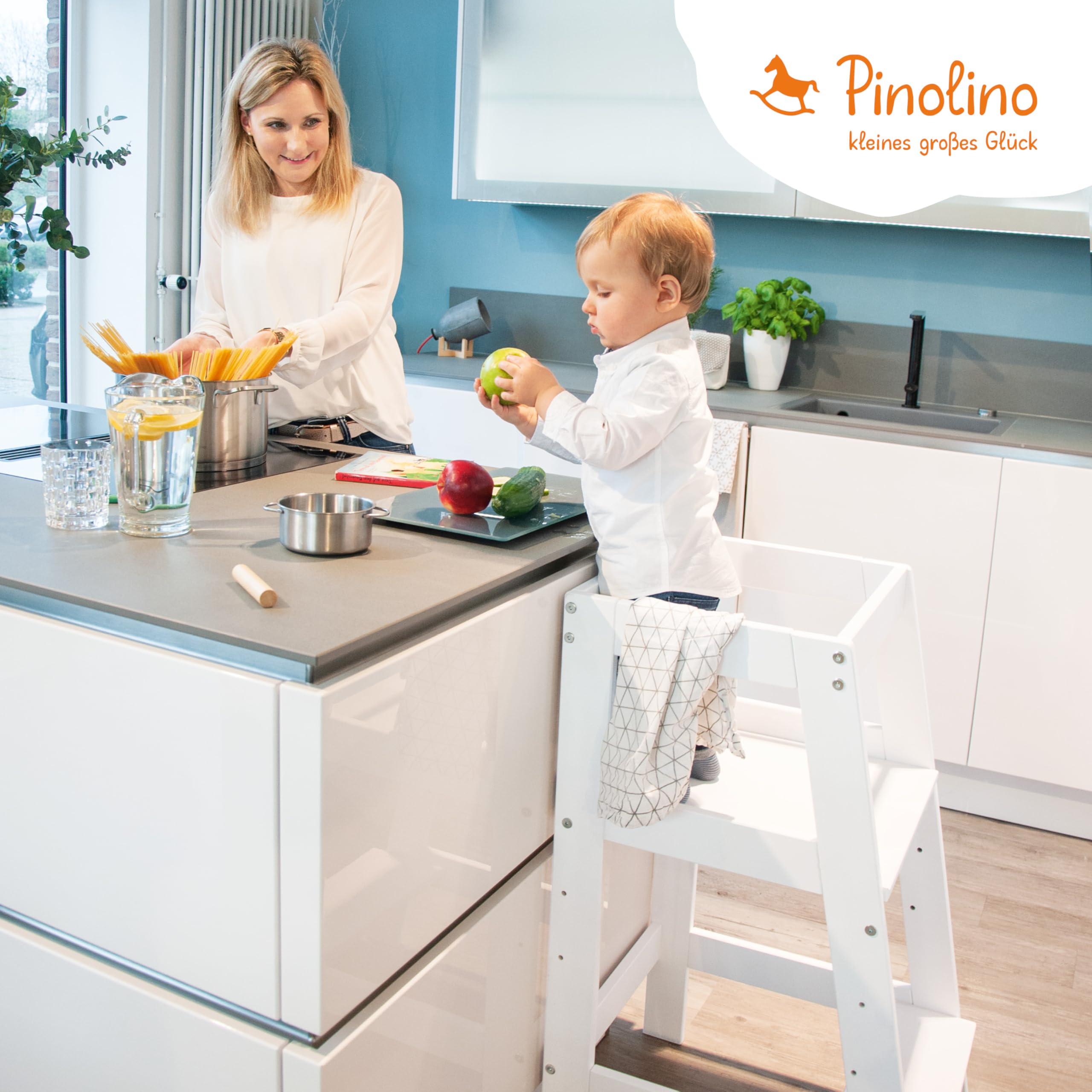 Pinolino Torre di apprendimento "Fino" bianco Per bambini, sedia per imparare sgabello a pedali regolabile in altezza, ausilio per la cucina Per neonati