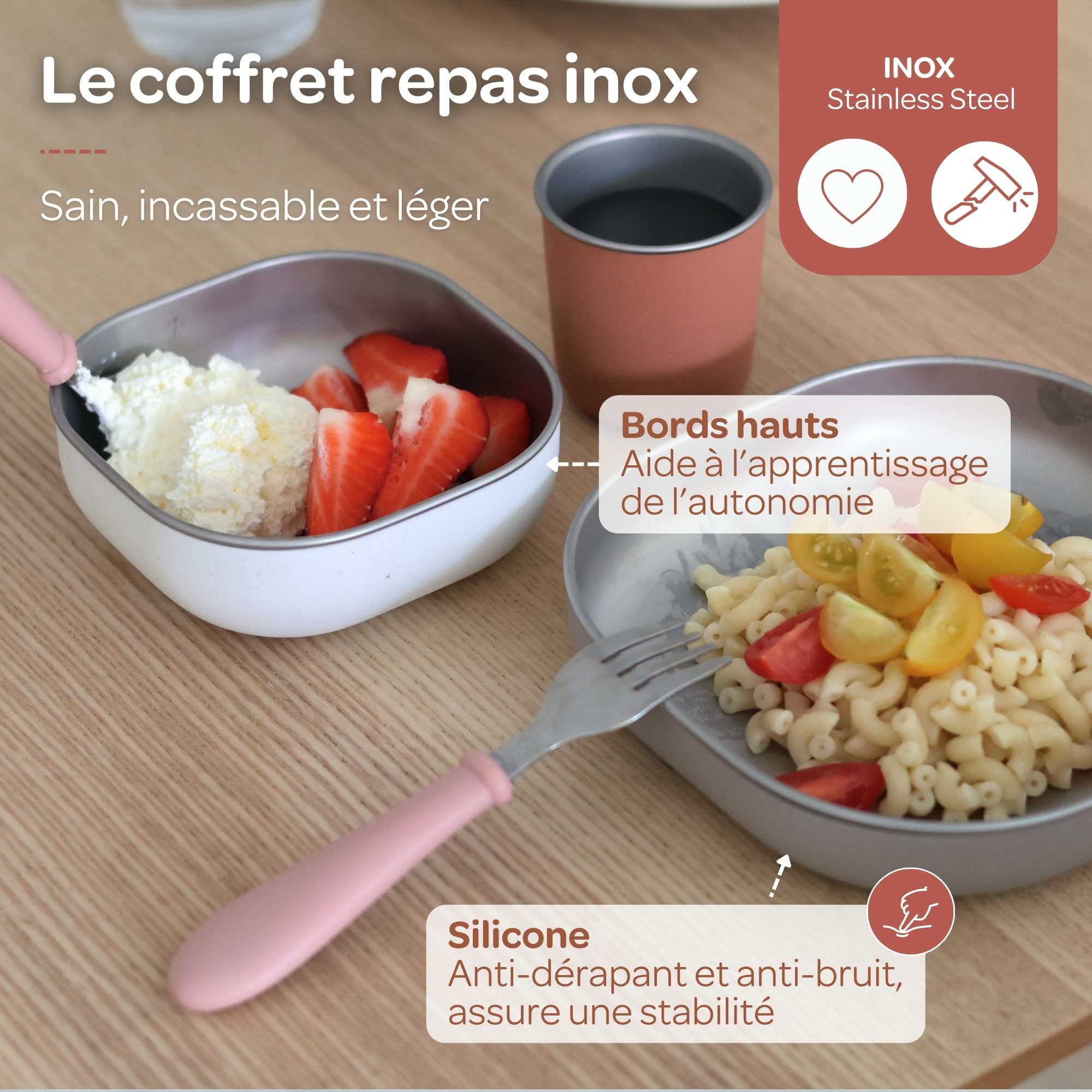 BÉABA, Coffret Repas Bébé Enfant Inox, 3 Pièces, Verre + 2 Assiettes, Compatible Micro-Ondes et Lave-Vaisselle, Sain et Solide, Léger, Incassable, Anti-dérapant avec Housse en Silicone, Terracotta