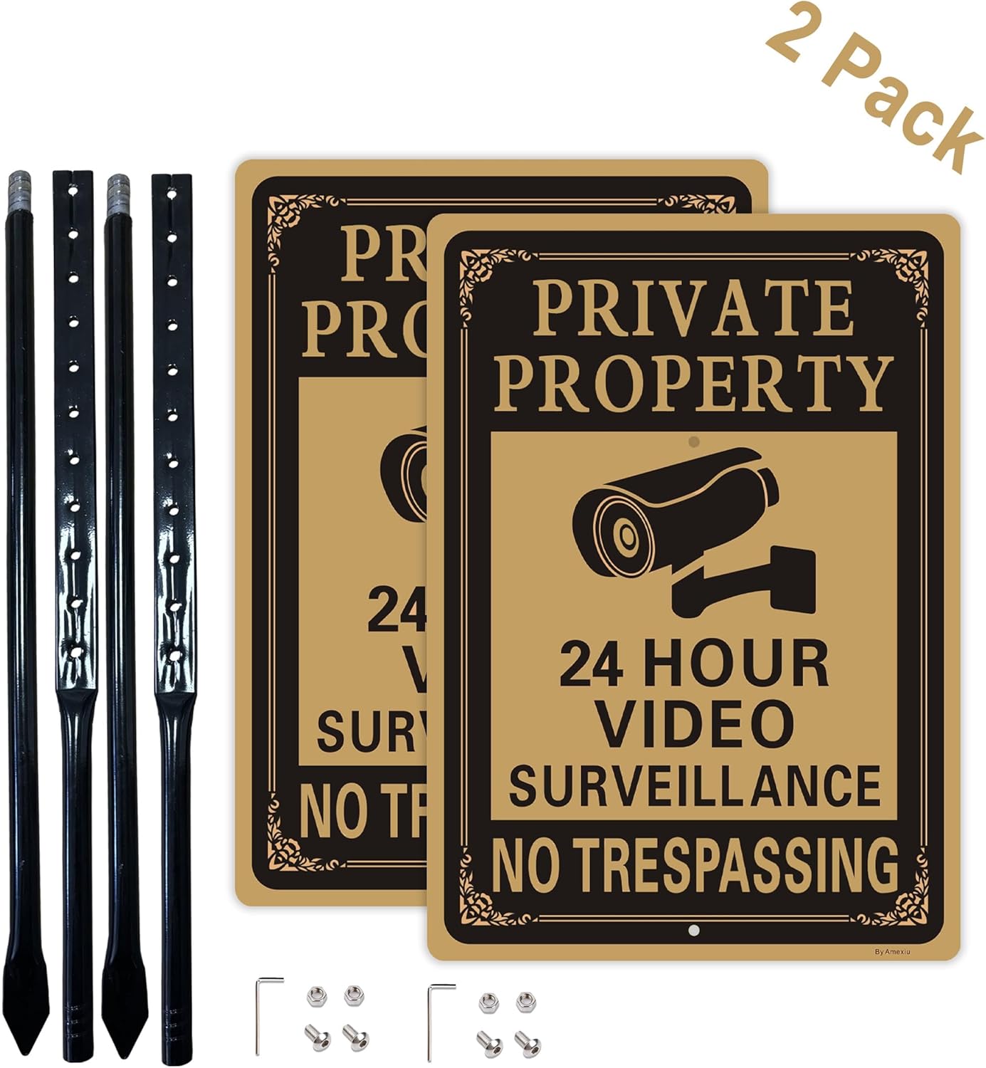 2 Pack Private Property No Trespassing Signs with 36-Inch Metal Stakes,14x10 Inches 24 Hour Video Surveillance Sign,Rust Free Aluminum, Hardware included