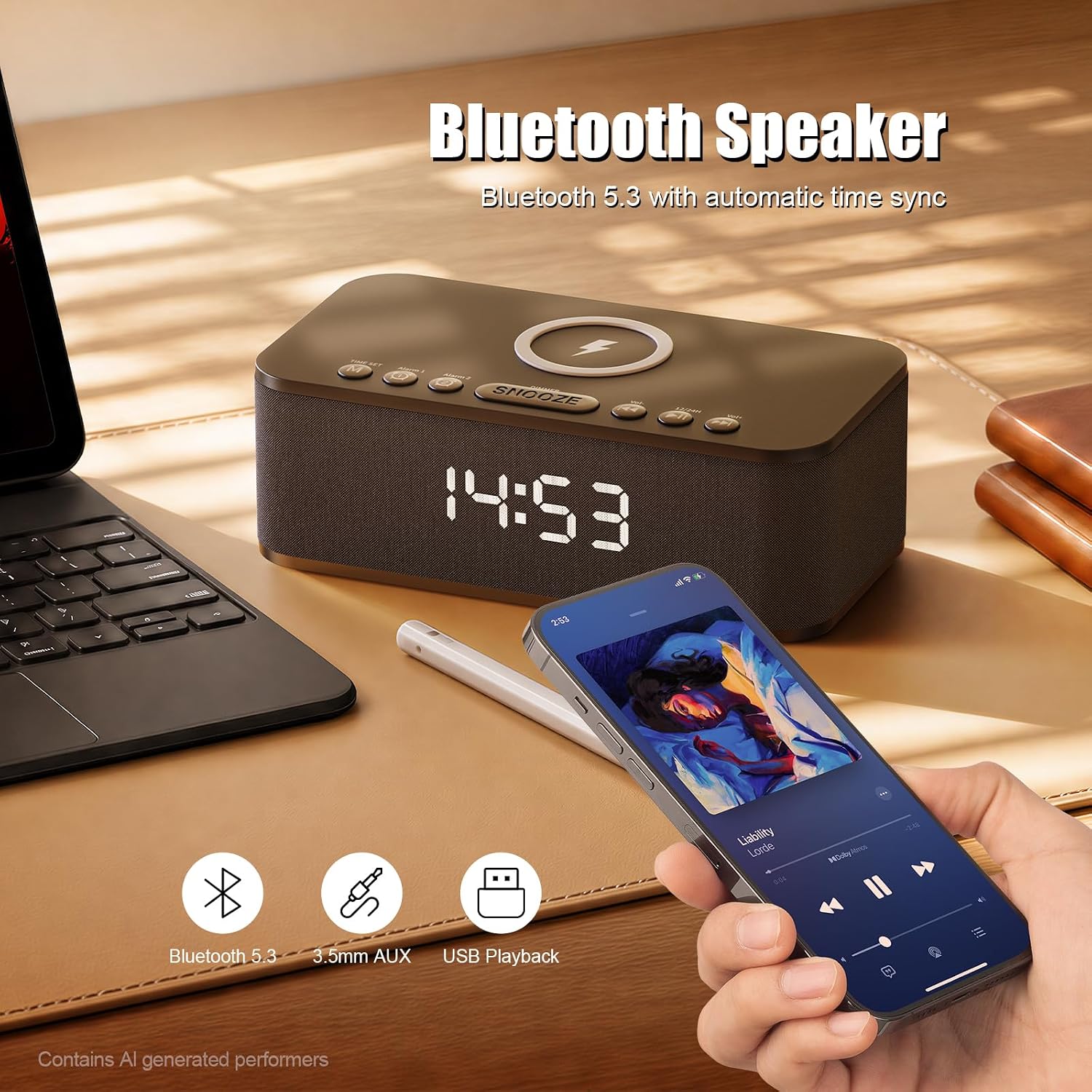 Alarm Clocks for Bedrooms, Wireless Charger, Bluetooth Speaker, White Noise Machine, Digital Clock with Dual Alarm, Dimmable Display, USB Charging Port, Black