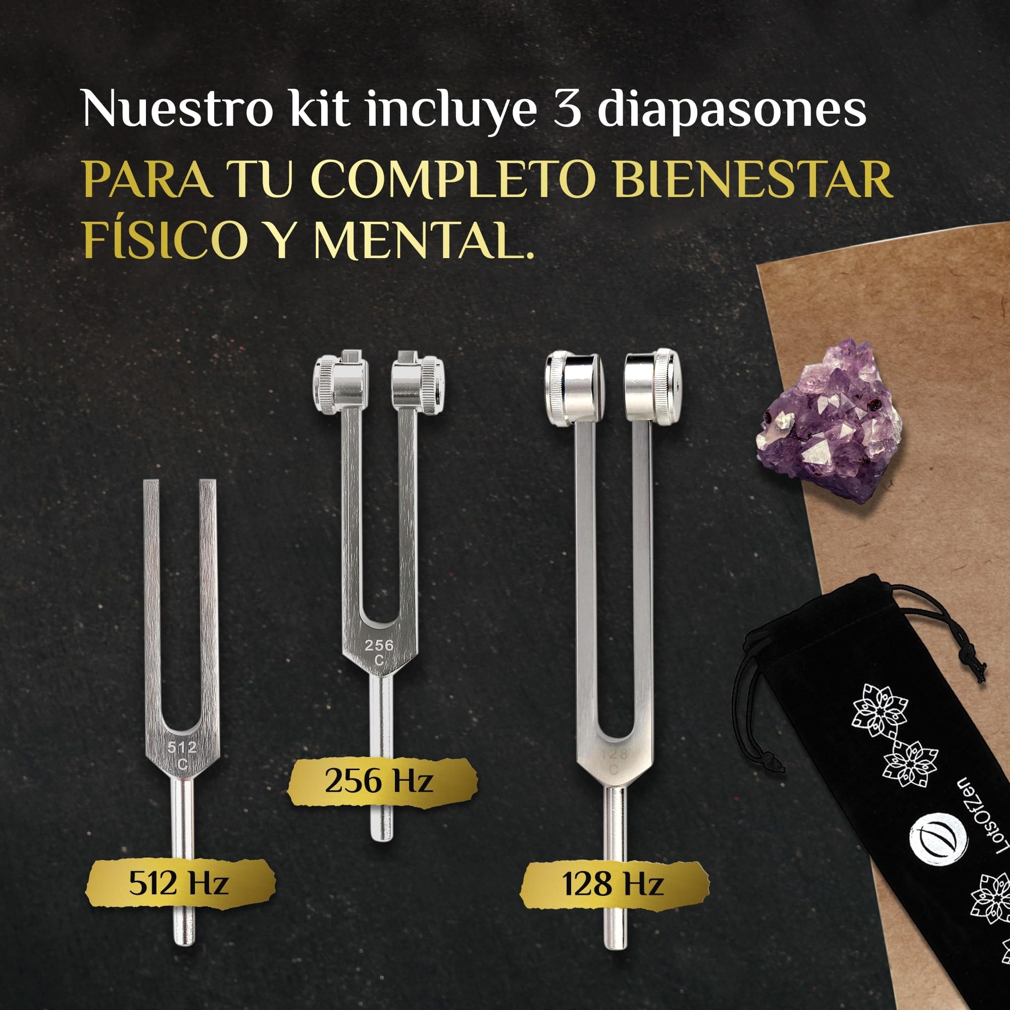 LOTS OF ZEN Diapasones Sanadores (128Hz, 256Hz, 512Hz) – Set de Diapasones Médicos con Peso para Sanar Chakras – Accesorios de Yoga y Meditación – Set de Diapasones con Frecuencias Sanadoras