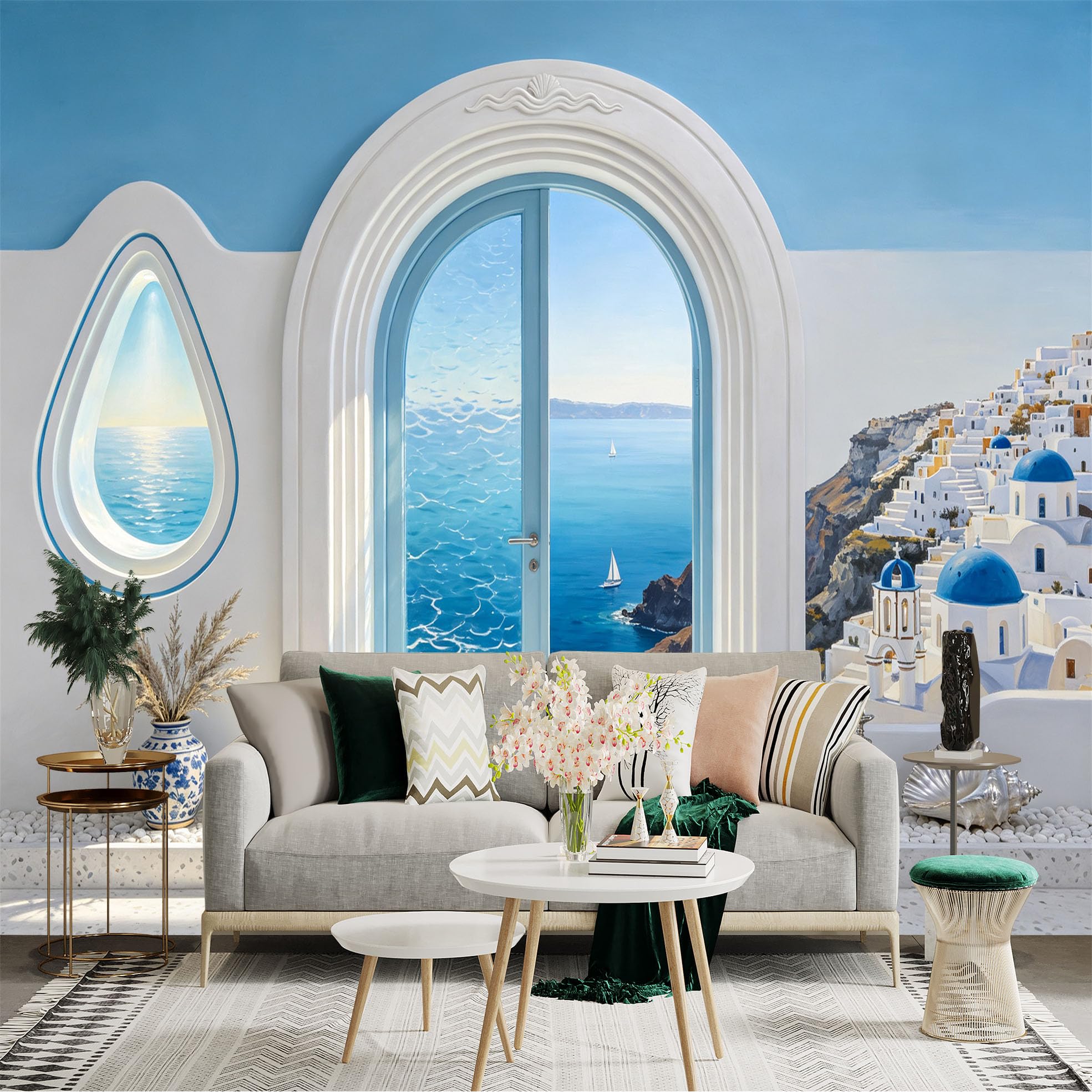 Custom Size Wall Sticker Mural， Mediterranean Coastal View， Blue Dome Seaside Village， Ocean Archway， for wall Decoration， peelandstick wall Decals.