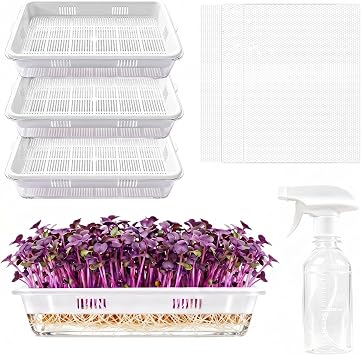 3 Pack Microgreens Growing Trays with Drain Holes, Acrylic Germination Trays with Silicone Mats and Spray Bottle, BPA Free Soil-Free Sprouting Kit for Indoor Outdoor Seed Sprouting, Wheatgrass & Beans
