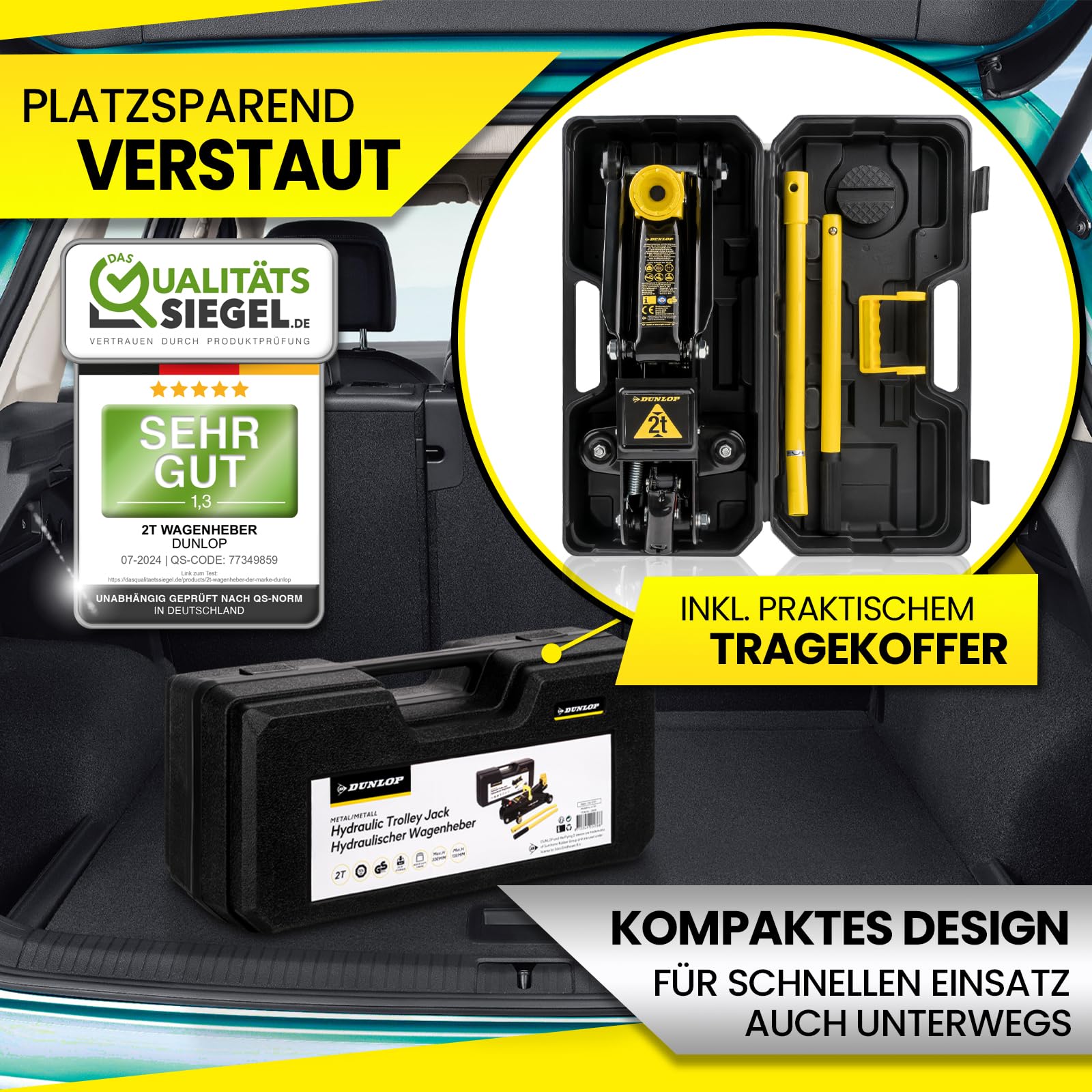 DUNLOP Wagenheber hydraulisch PRO Edition - Reifen wechseln in Bestzeit - 2t hydraulischer Rangierwagenheber für Auto PKW Kfz Reifenwechsel mit Transportbox und Gummiauflage - car Jack Set