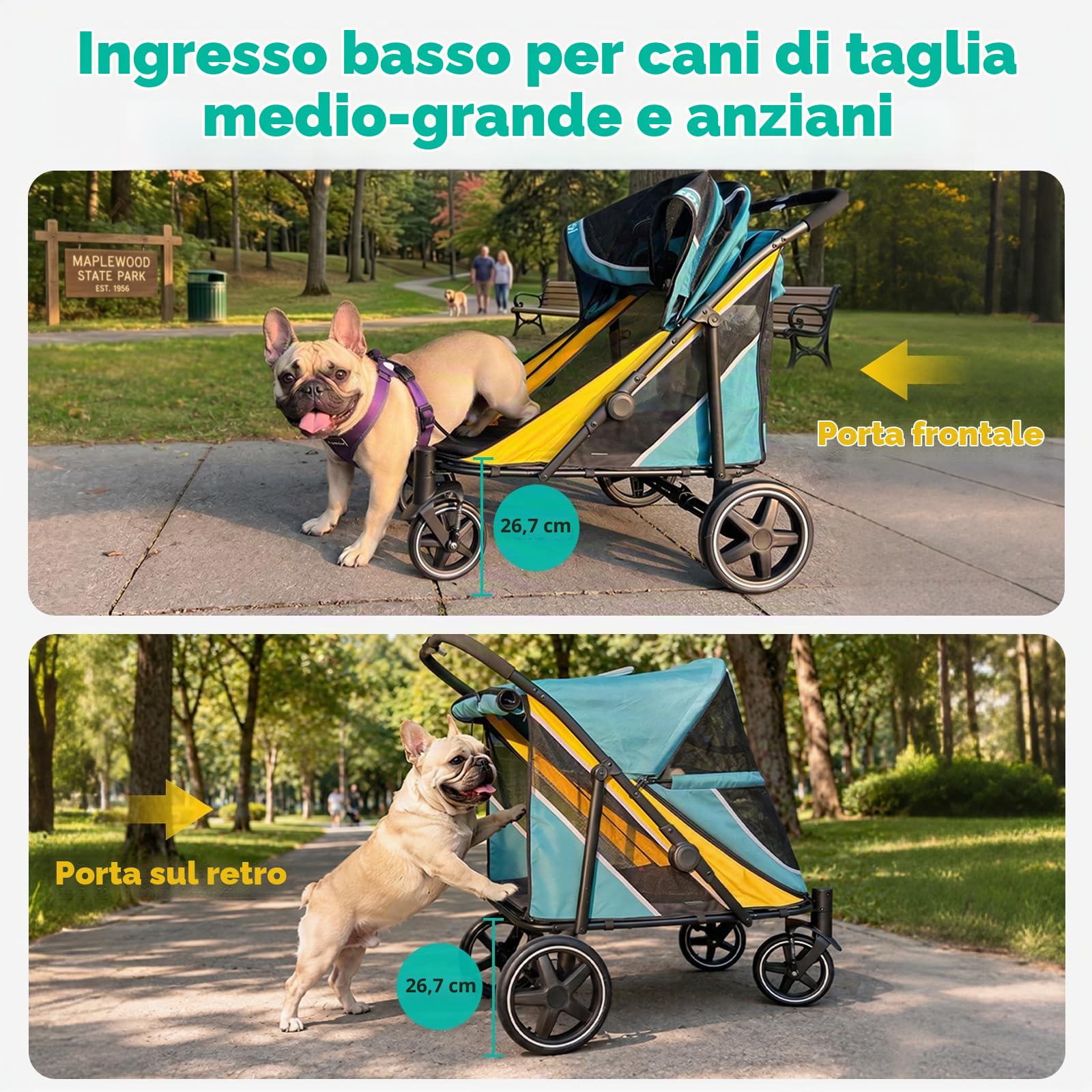 Petbobi Passeggino per cani di taglia grande e media – Passeggino per animali domestici a doppio ingresso facile da piegare con freno a un piede, carrello per tutti i terreni con rete d'aria, ideale