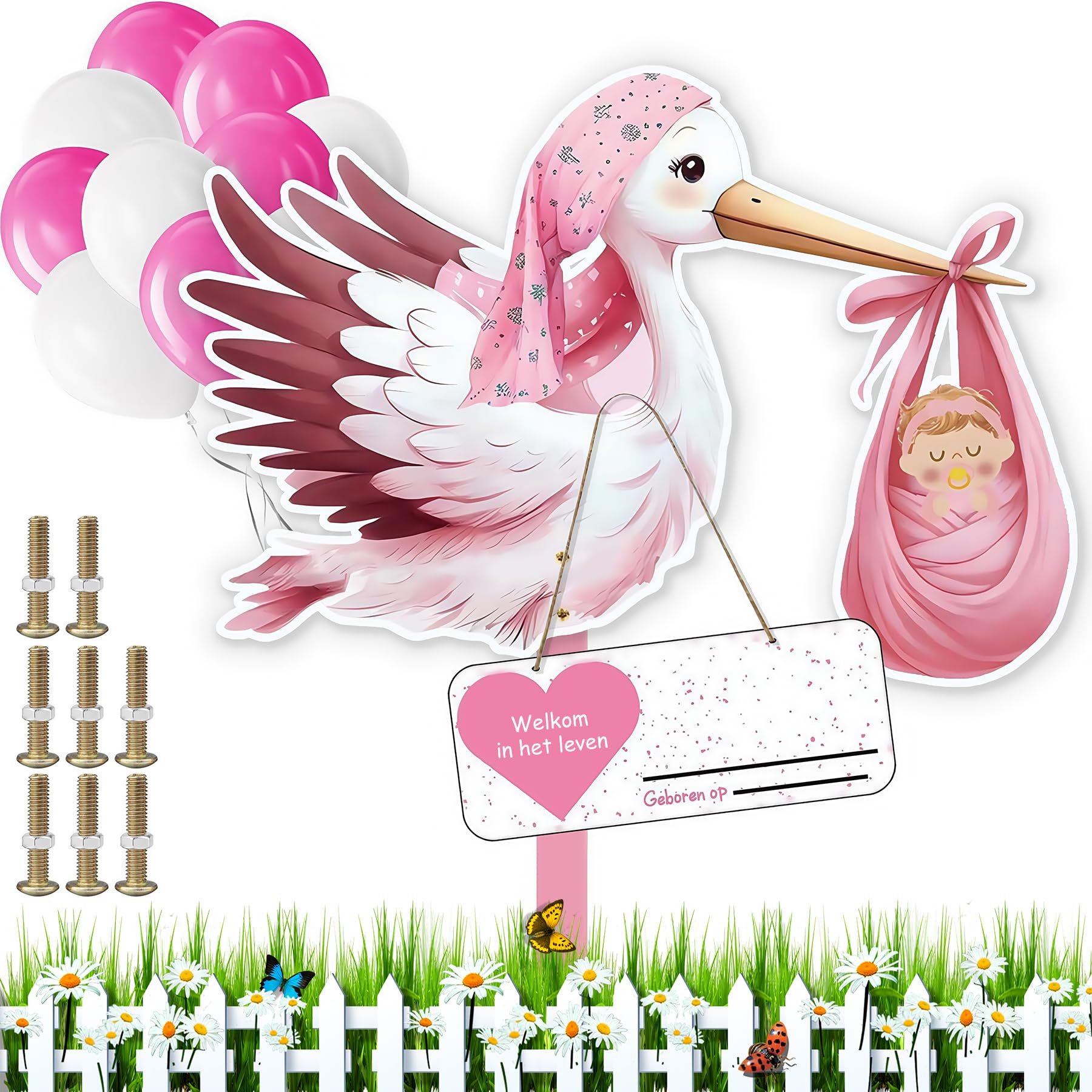 Klapperstorch SET zur Geburt Baby,Baby Geburt Klapperstorch Set,Kazaigou Storch Geburt für Draussen,Klapperstorch Zur Geburt Draußen,Holzstorch Zur Geburt,Storch Geburt Storch für Draussen