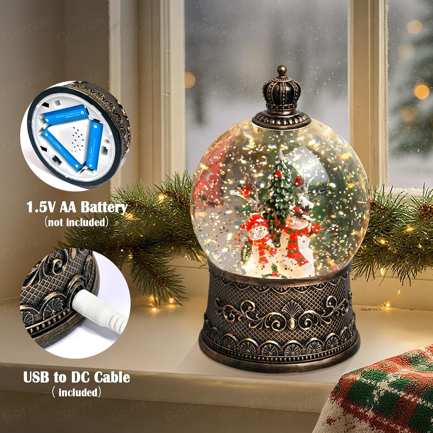 Snowman Snow Globe Lantern, Lighted Musical Snow Globe Decorations Indoor for Home Decor with Music Timer Glitter, Light Up Holiday Decor Gift, USB or Battery Operated - Image 4