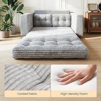 2-in-1 Convertible Sofa Bed, Grey Corded Fabric Loveseat Futon with High-Density Foam, Folding Floor Couch for Small Spaces (Light Gray)
