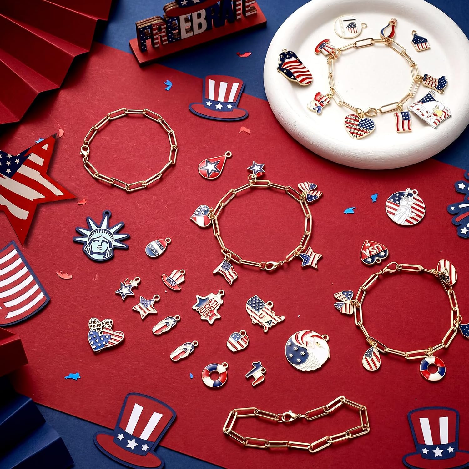 Tondiamo 173 Pcs Patriotic Bracelet, Red Blue USA Adjustable Charm DIY Kit image 4
